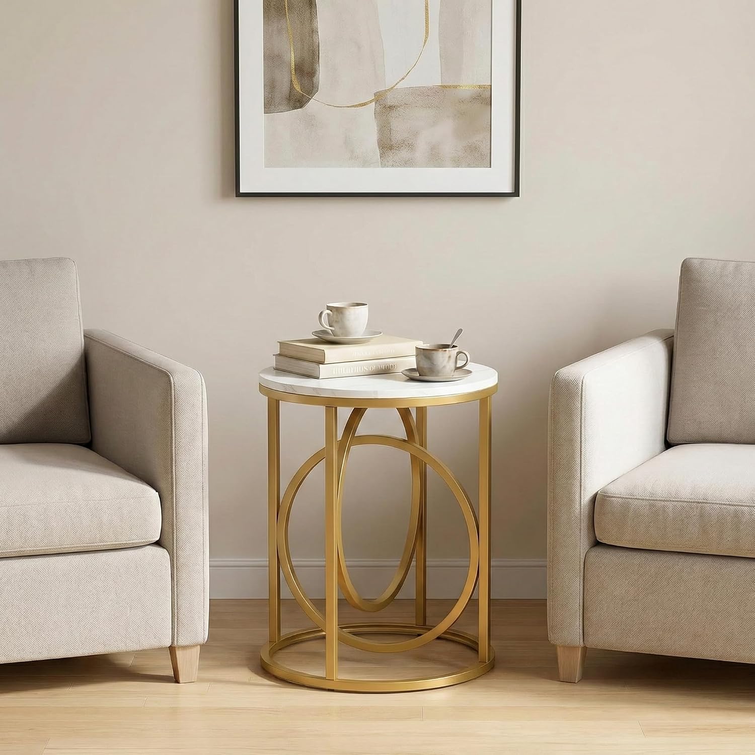 LITTLE TREE 20' Round End Table，Modern Sofa Side Table with Gold O-Shaped Base, Faux Marble White Cocktail Table Accent Table Nightstand for Living Room Bedroom, 2PCS