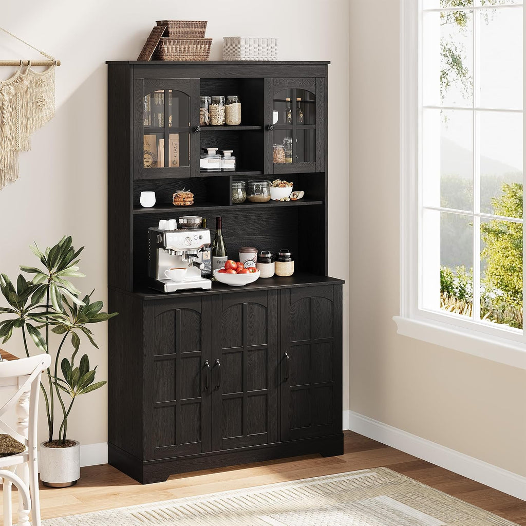 Garvee Pantry Cabinet with Charging Station, Tall Kitchen Pantry Storage Cabinet with Hutch,70.9 Inch Kitchen Cabinet with Glass Doors, for Dining Room