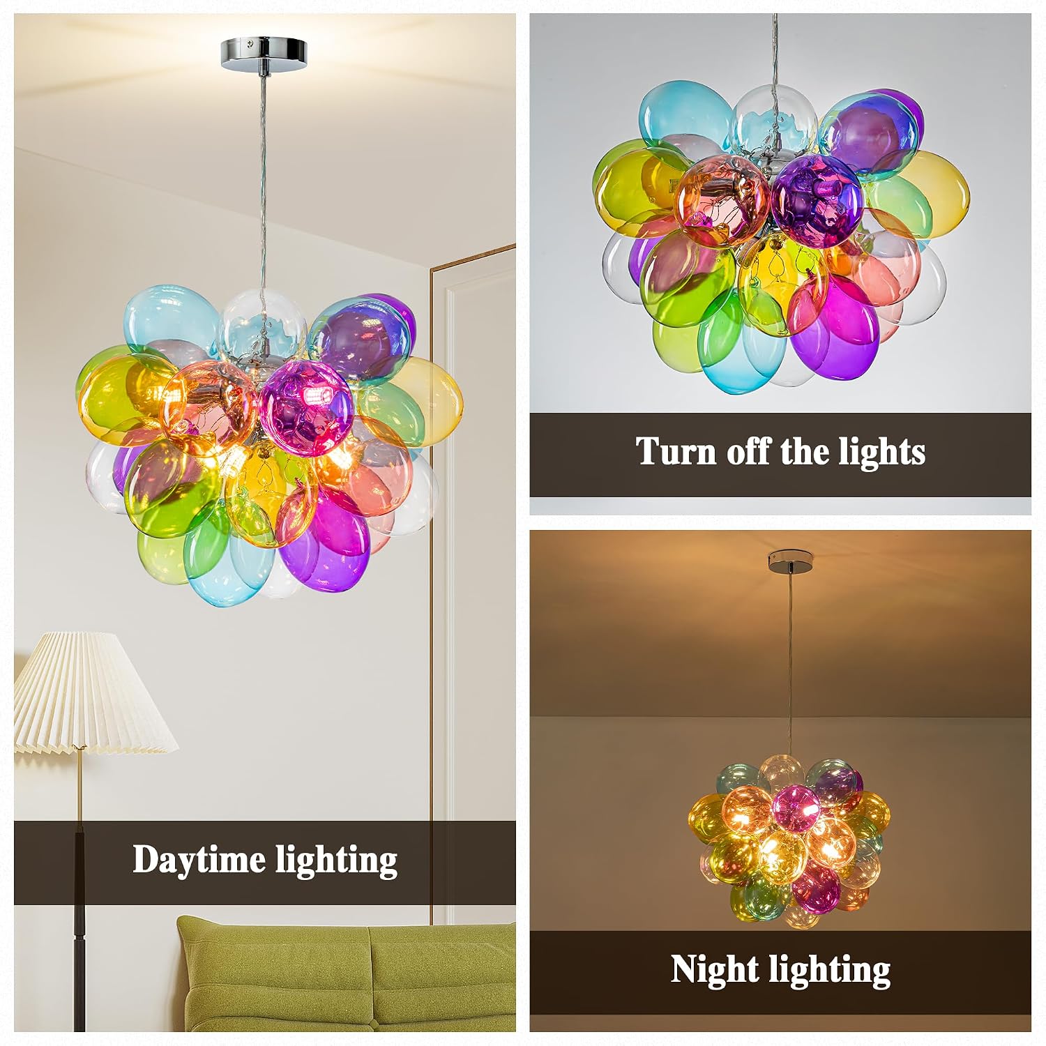 Semi Flush Mount Bubble Chandelier,Close to Ceiling Light Fixtures,16' Modern Bubble Balloon Glass Chandelier with Colorful Globe Glass Shades Pendant Light (Colorful Chandelier, 20 inch)