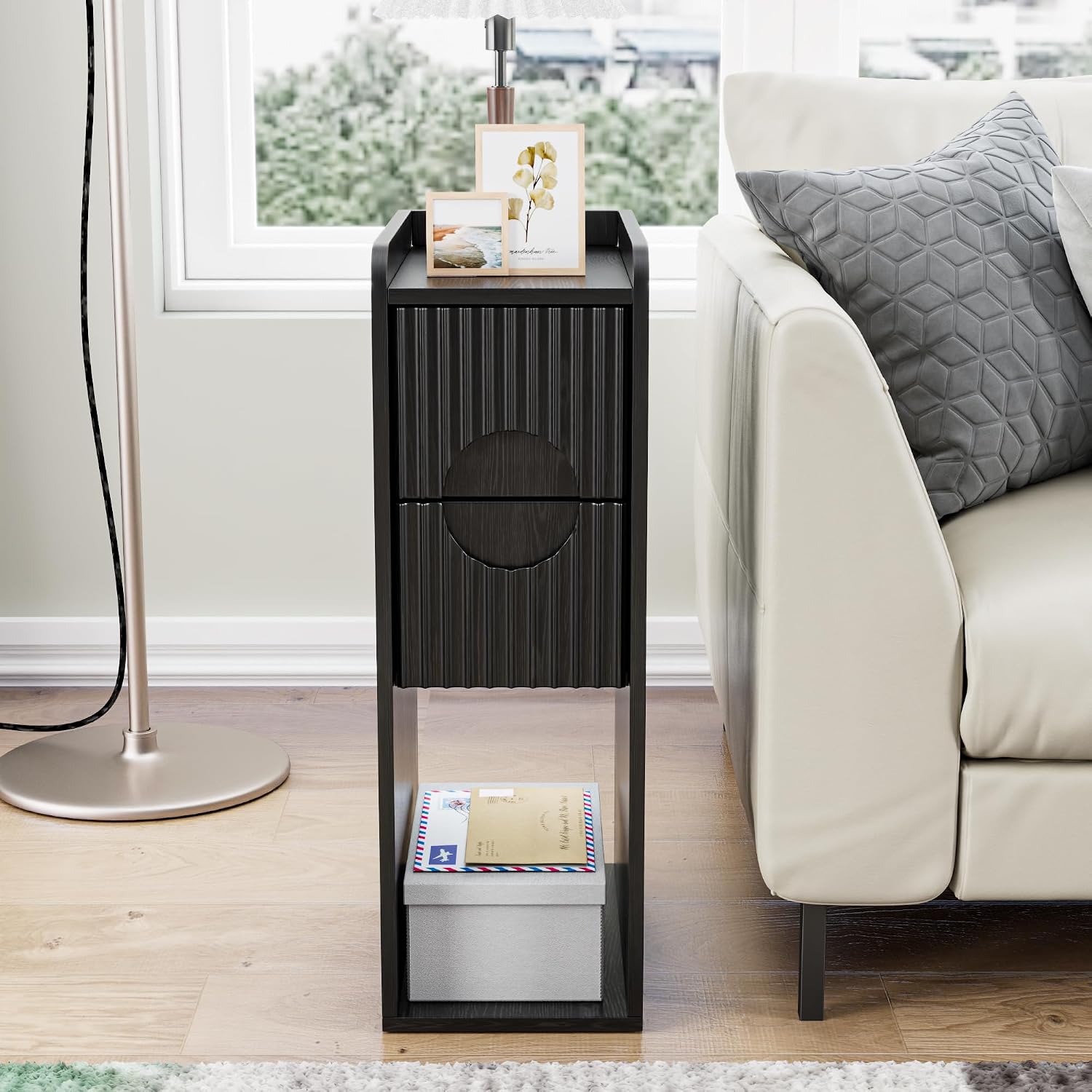 Black Night Stand Set of 2, Narrow Nightstand with Drawers, Small Bedside Table, Skinny Bed Side Table, Modern Nightstand for Bedroom, Living Room, Wood, Fluted, Black