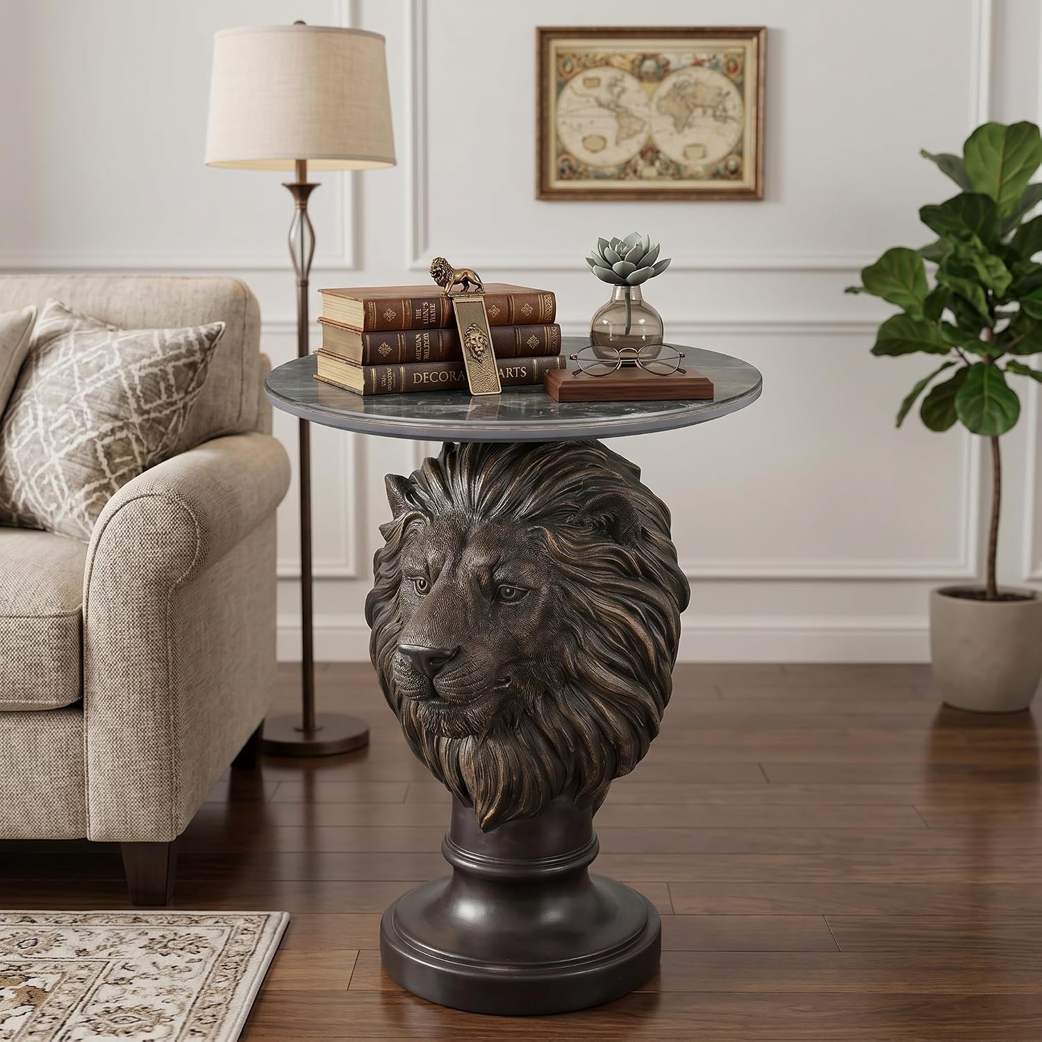 Vintage Bronze Lion Head Sculptural Side Table with Black Faux Marble Top, 19.69' Round Resin End Table, 25.59' H Majestic Accent Table for Living Room, Retro Office Decor, Heavy Duty
