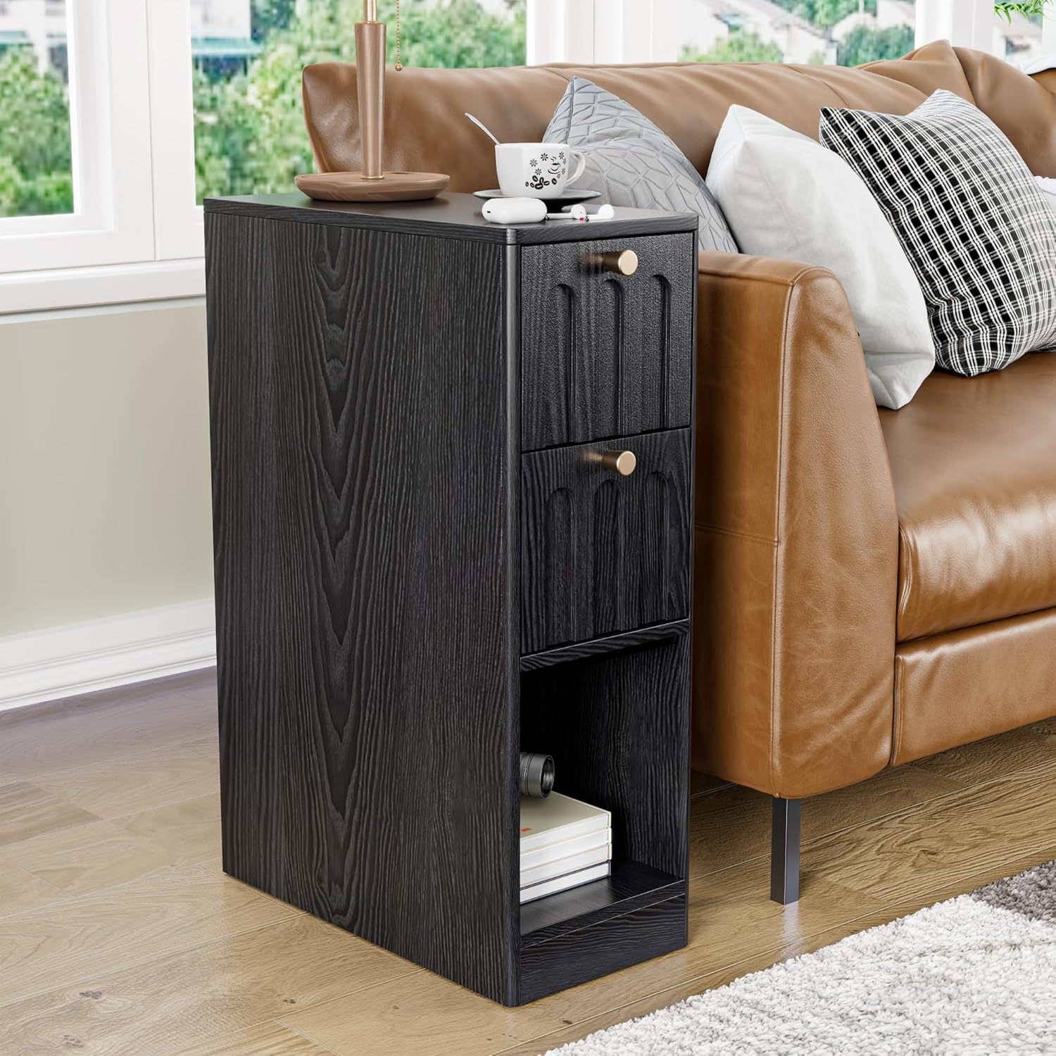 Black Small Nightstand Set of 2, Narrow Bedside Table with Arched Drawer, Wood Nightstand, Skinny Side End Table, Mid Century Modern Night Stand for Bedroom, Small Spaces, Slim, Boho