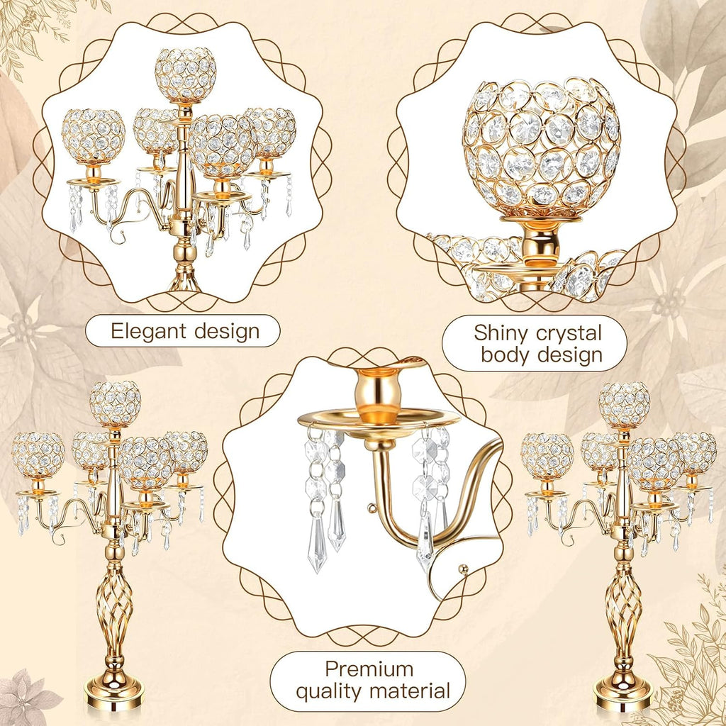 Nitial 8 Pcs 5 Arm Crystal Candelabra Centerpieces for Table 27 Inch Retro Victorian Crystal Candle Holders Bowl Table Centerpieces Decor for Wedding Banquet Valentine Dinner Party Event (Gold)