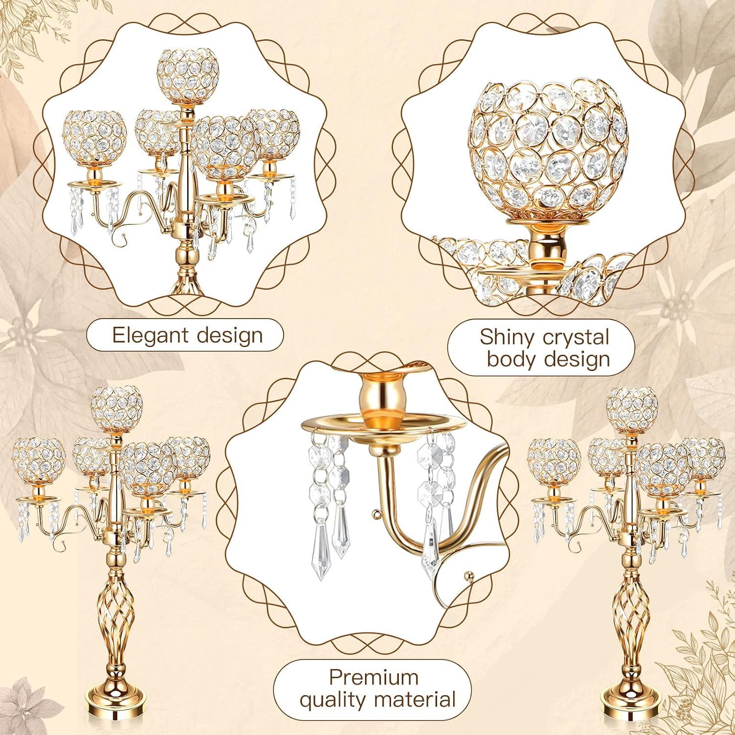 Nitial 8 Pcs 5 Arm Crystal Candelabra Centerpieces for Table 27 Inch Retro Victorian Crystal Candle Holders Bowl Table Centerpieces Decor for Wedding Banquet Valentine Dinner Party Event (Gold)
