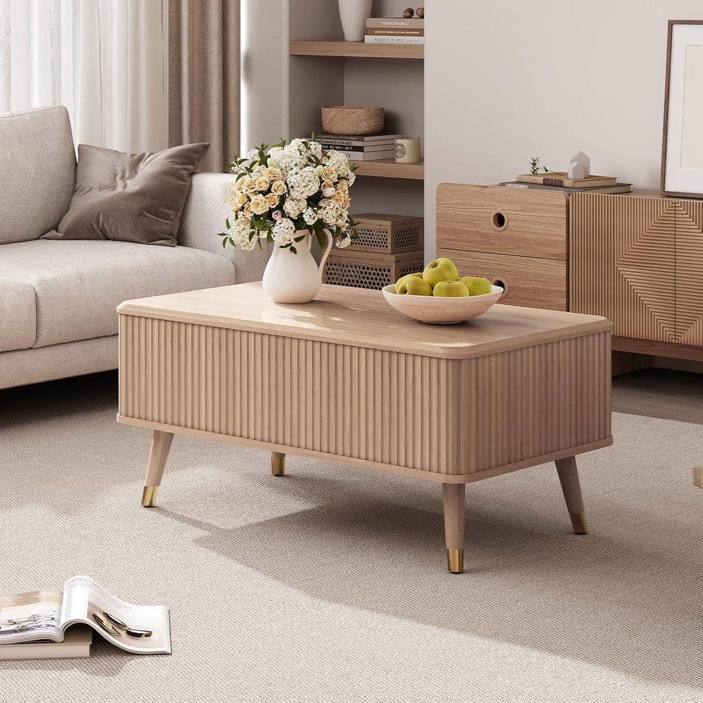 Lift Top Coffee Table with Storage, Mid Century Modern Coffee Table with Solid Wood Legs, 38' Minimalist Fluted Center Table for Living Room, Home Office, Natural Oak
