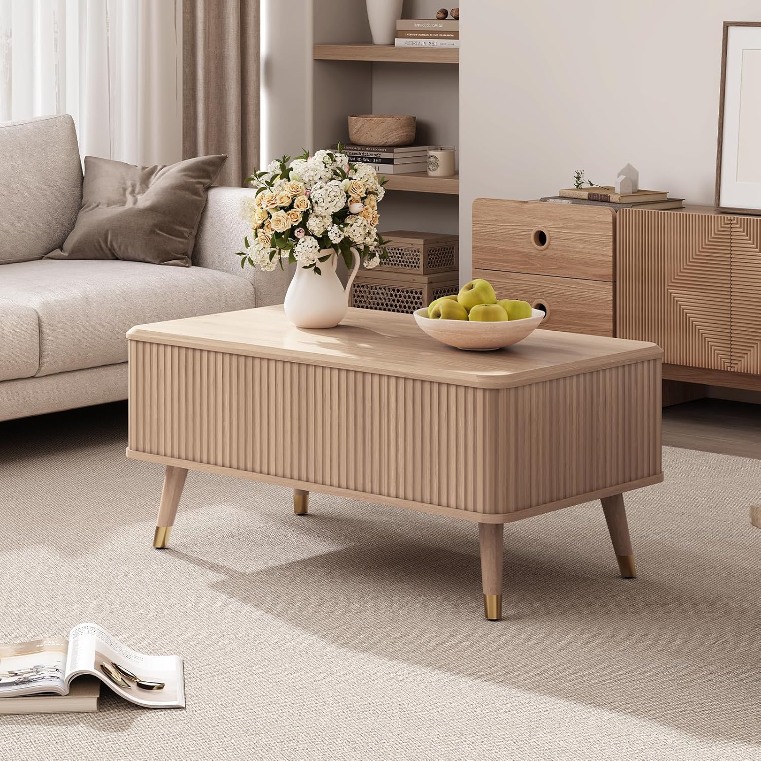 Lift Top Coffee Table with Storage, Mid Century Modern Coffee Table with Solid Wood Legs, 38' Minimalist Fluted Center Table for Living Room, Home Office, Natural Oak
