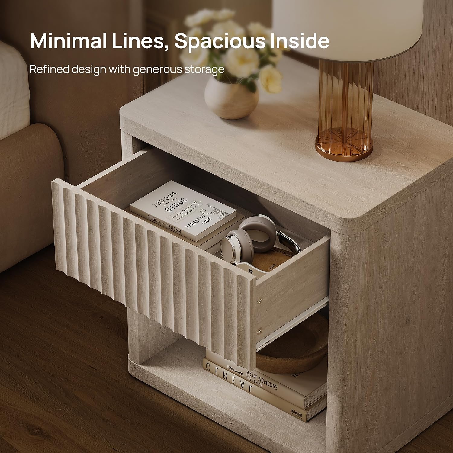 SICOTAS Night Stand Nightstand with Drawer Storage Fluted Bed Side Table End Table Large Modern Wide Bedside Stand Mid Century Night Stands for Bedroom Living Room Sofa Couch Home Office, White Alder