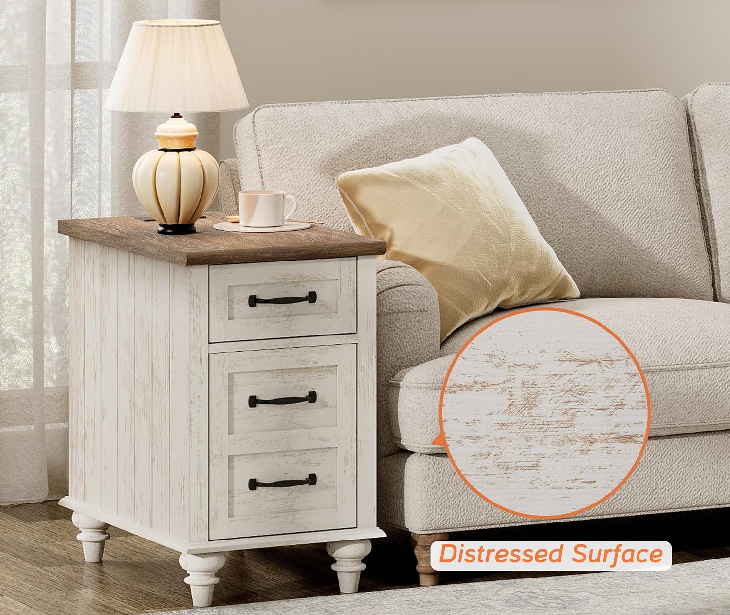 WAMPAT Antique White End Table with Charging Station, Wooden Side Table with Drawer & Storage Cabinet, Farmhouse Nightstand with Power Outlets & USB Ports for Living Room, Bedroom