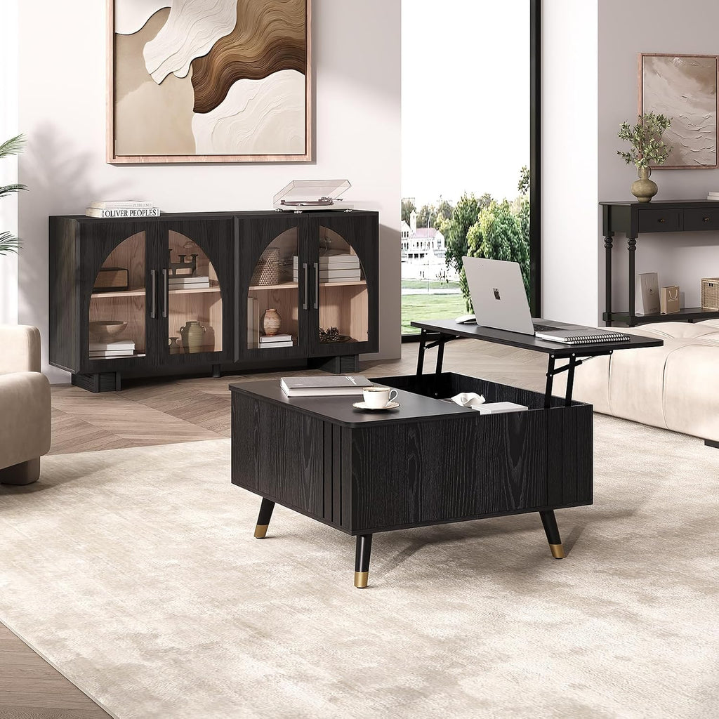 Square Coffee Table with Lift-Top & Flip-Top Storage, 36' Lift Tabletop Dining Center Table with Solid Wood Legs, Functional Modern Black Coffee Tables for Living Room Small Space or Office