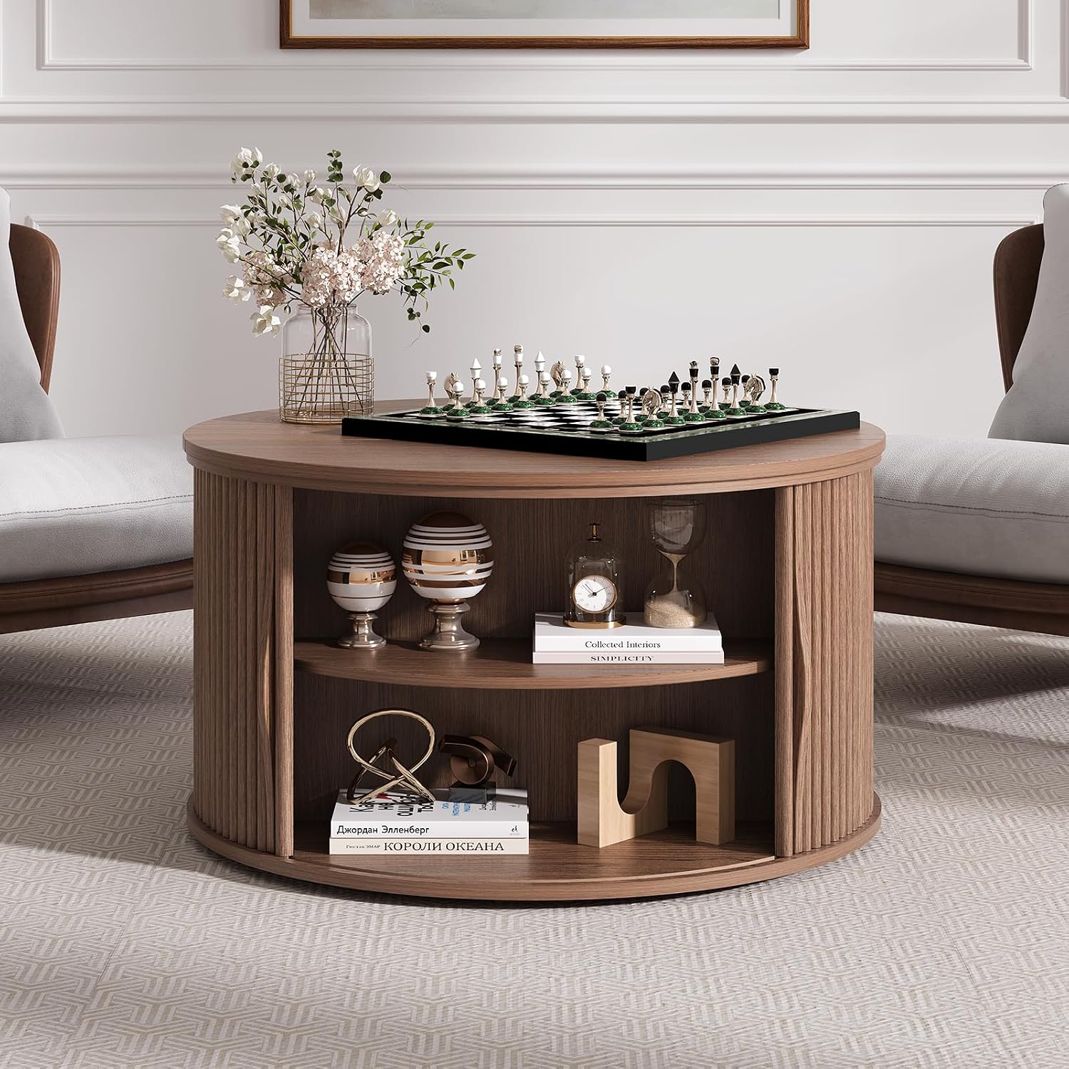 Round Lift Top Coffee Table, 31.5' Mid Century Modern Center Table with Hidden Storage, Fluted Circle Coffee Tables for Living Room, Home Office, Walnut