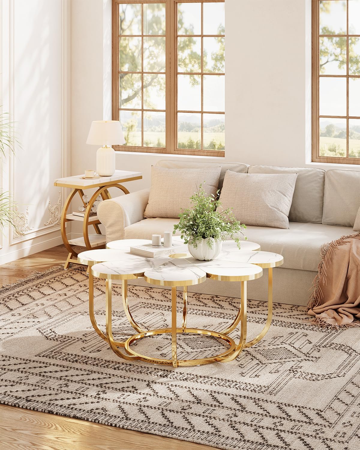 LITTLE TREE 39.37-Inch White and Gold Coffee Table, Modern Flower-Shaped Center Table with Faux Marble Top & Metal Frame, Floral Accent Coffee Table for Living Room, Bedroom, Lounge