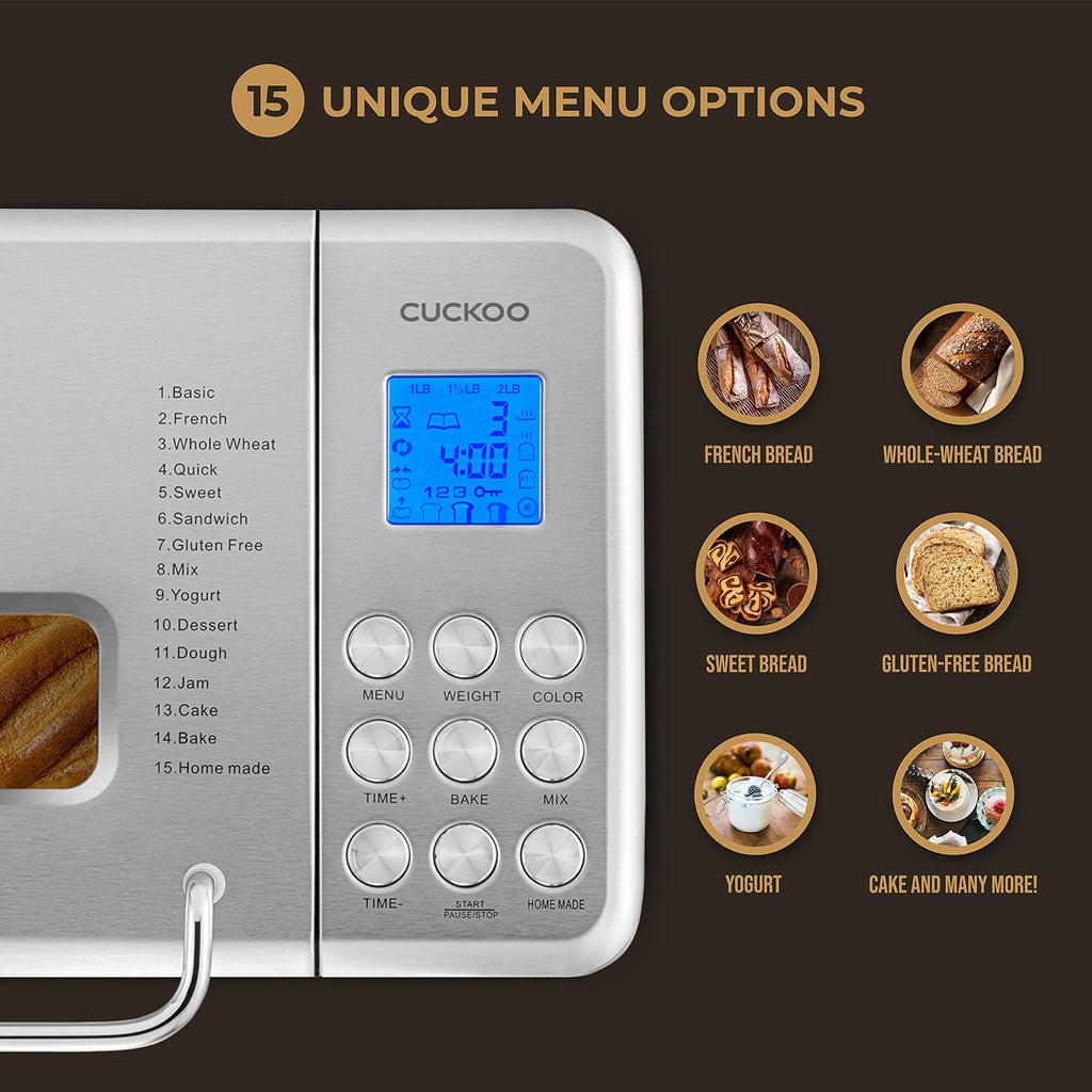 CUCKOO CBM-AAB101S | Multi-Functional Bread Maker | 1 lb, 1.5 lb, & 2 lb. Loaf Options, Crust Color Customization, Auto Fruit & Nut Dispenser, Gluten-Free Option | Stainless Steel (Renewed)