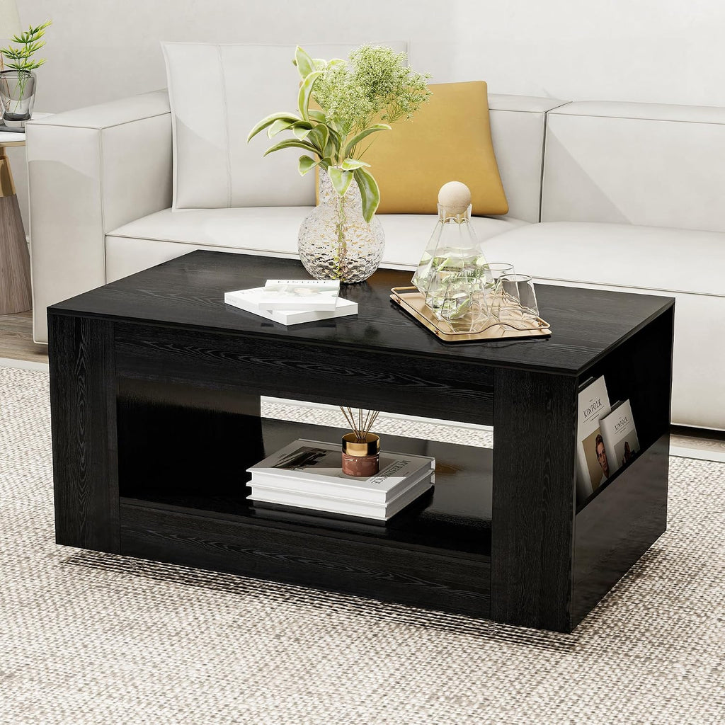 Wood Grain Coffee Table with Open Shelf Storage - High Gloss Modern Cocktail Table for Living Room, Bedroom, Office