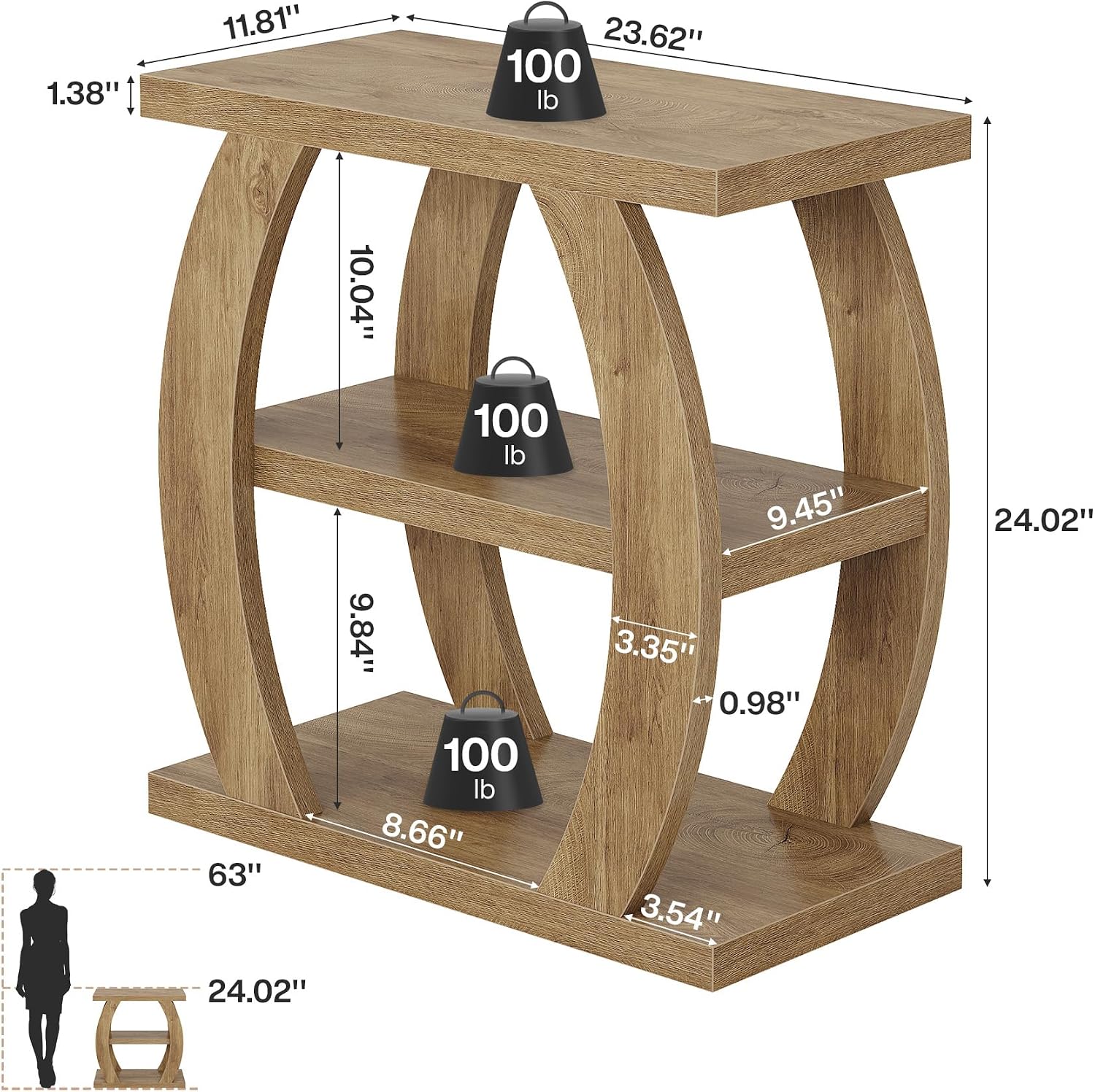 Tribesigns End Table for Living Room Set of 2, 3-Tier Narrow Side Table with Storage, Farmhouse Wooden Beside Table with Geometric Frame, Tall Nightstand for Bedroom, Small Spaces, Natural Oak