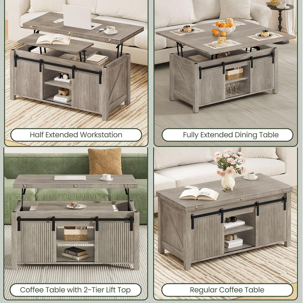 CHOEZON Lift Top Coffee Table, 4 in 1 Convertible Coffee Table, Farmhouse Coffee Tables, with Hidden Compartments, with Sliding Doors, for Living Room, Apartment, Greige MKF01FH