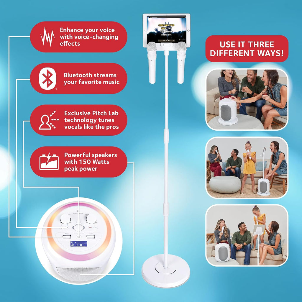 Singing Machine Portable Karaoke Machine for Adults & Kids with 2 Wireless Microphones, Home Stage (White) - Built-in Karaoke Speaker, Bluetooth with LED Lights - Karaoke System with Voice Enhancer