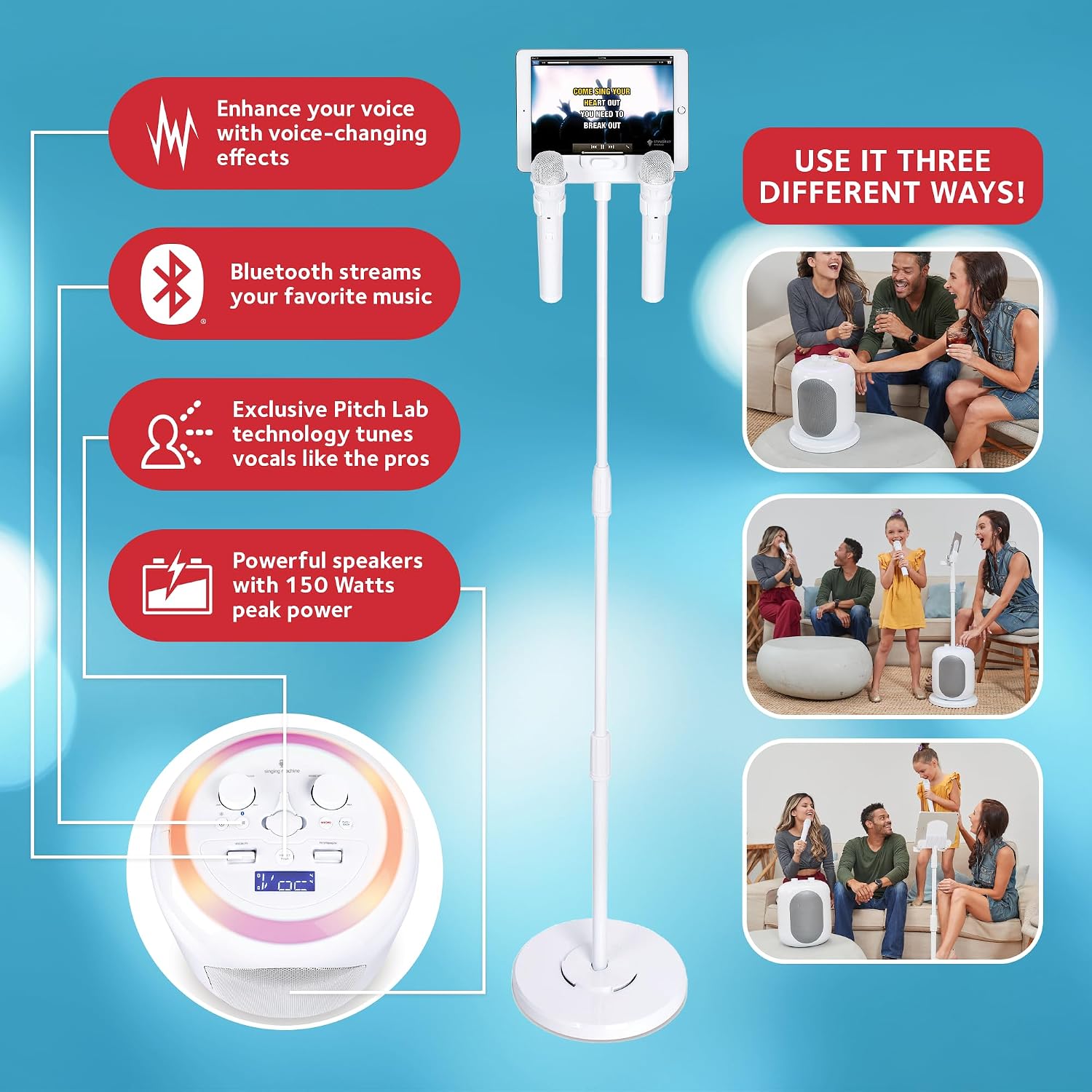 Singing Machine Portable Karaoke Machine for Adults & Kids with 2 Wireless Microphones, Home Stage (White) - Built-in Karaoke Speaker, Bluetooth with LED Lights - Karaoke System with Voice Enhancer
