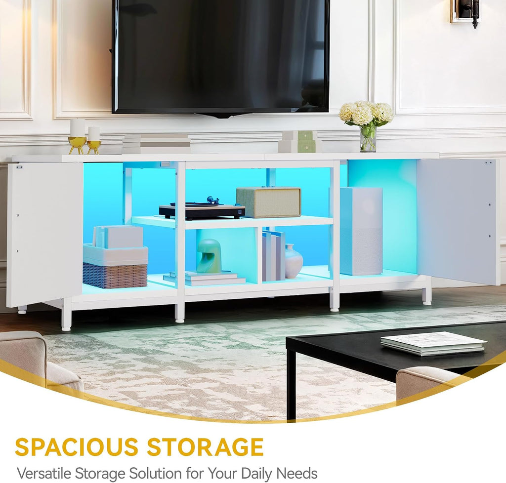 DWVO Modern Farmhouse TV Stand with LED Lights & Power Outlets for TVs up to 75 Inch, White Entertainment Center with Storage Cabinets & Adjustable Shelves, Media Console Table for Living Room