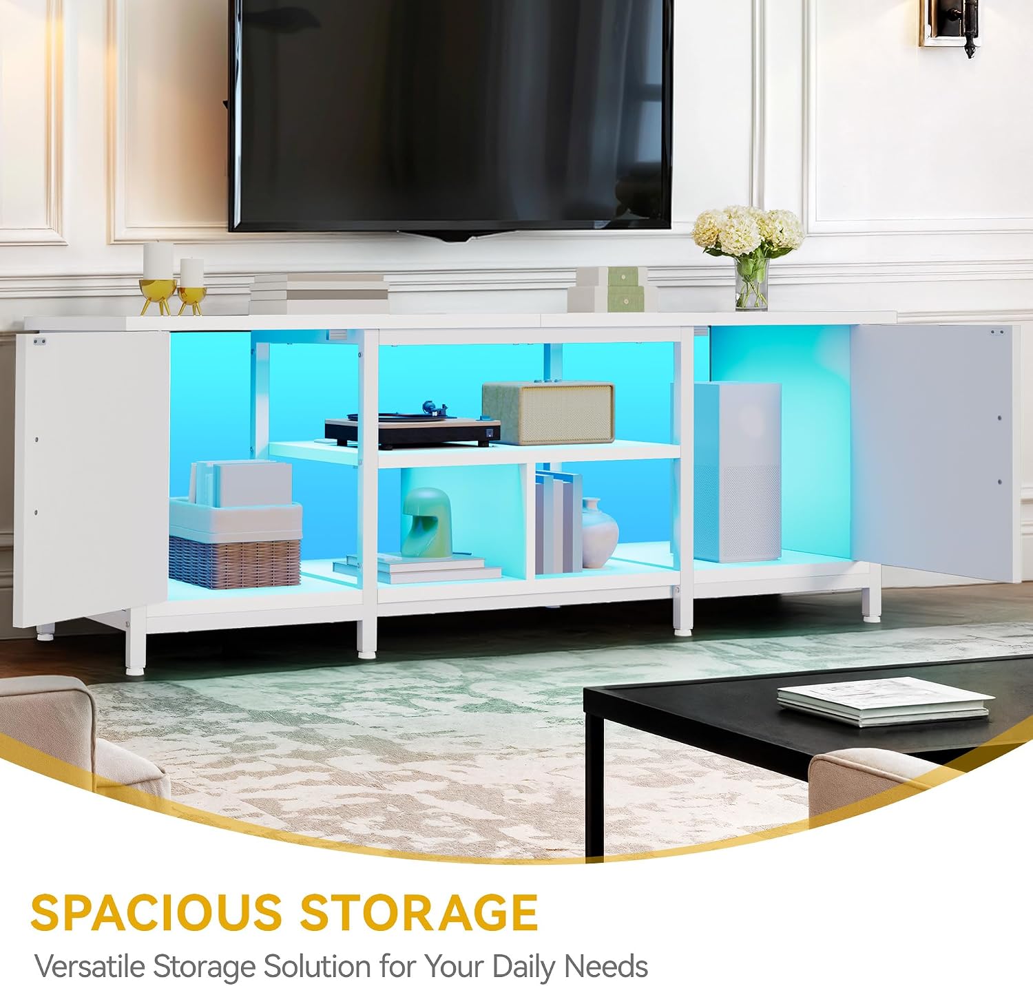 DWVO Modern Farmhouse TV Stand with LED Lights & Power Outlets for TVs up to 75 Inch, White Entertainment Center with Storage Cabinets & Adjustable Shelves, Media Console Table for Living Room