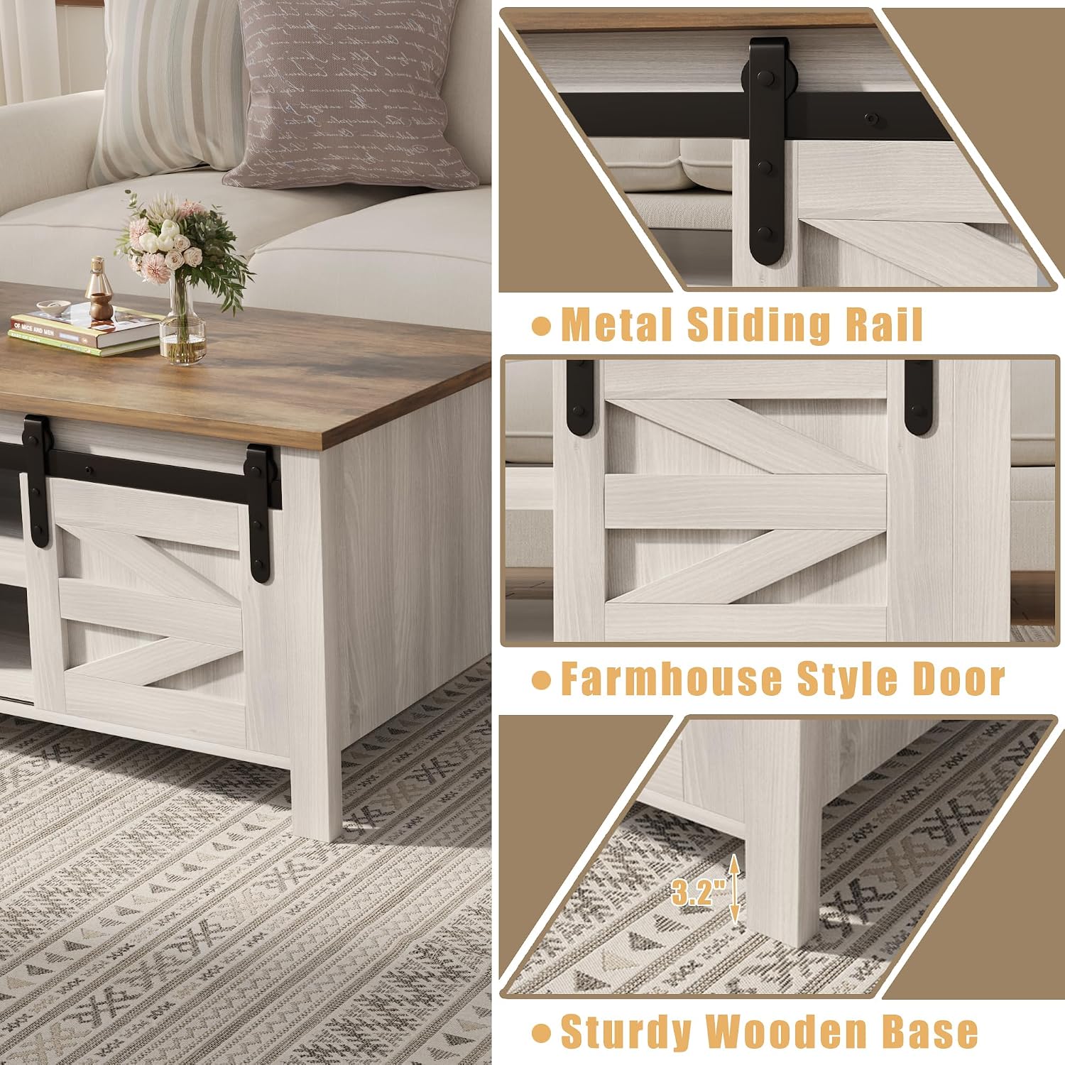 Furmax Coffee Table with Storage and Sliding Barn Doors, Farmhouse Living Room Table with Adjustable Shelves, Wood Rustic Center Table for Home Living Meeting Room (Antique White)