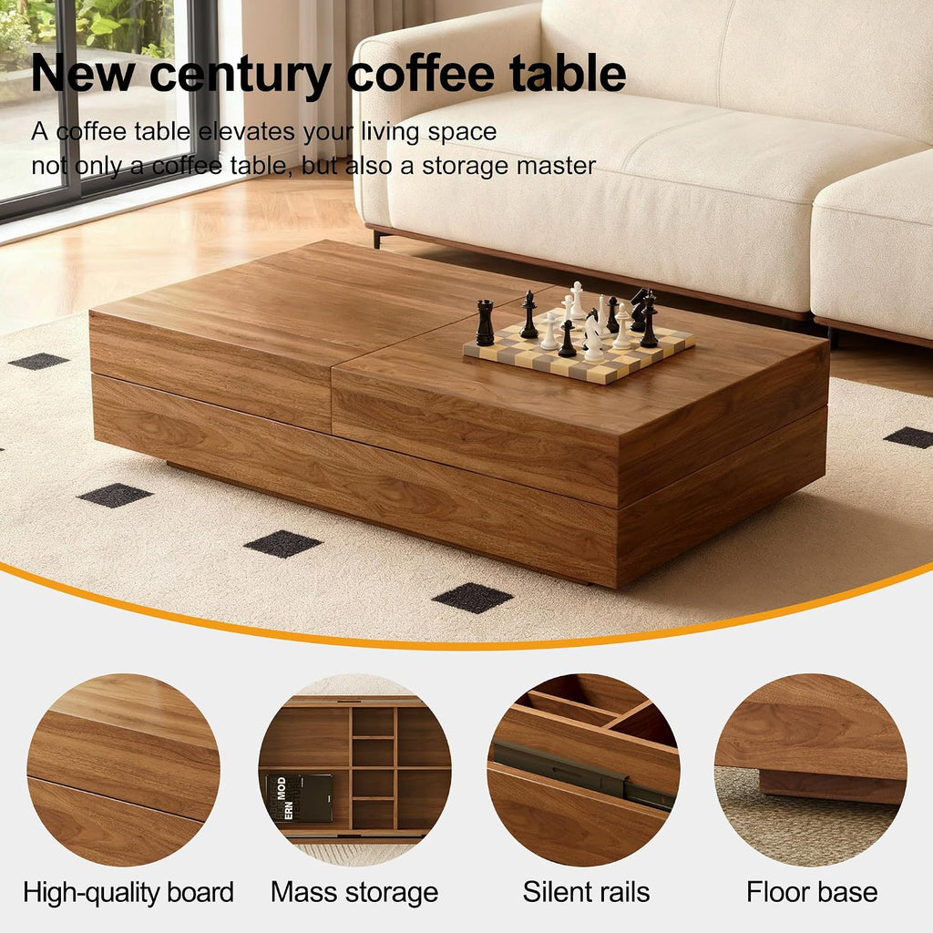 Mid-Century Modern Farmhouse 47.2-81.8' Expandable Coffee Table，Adjustable Center Table with Large Storage for Living Room, Walnut