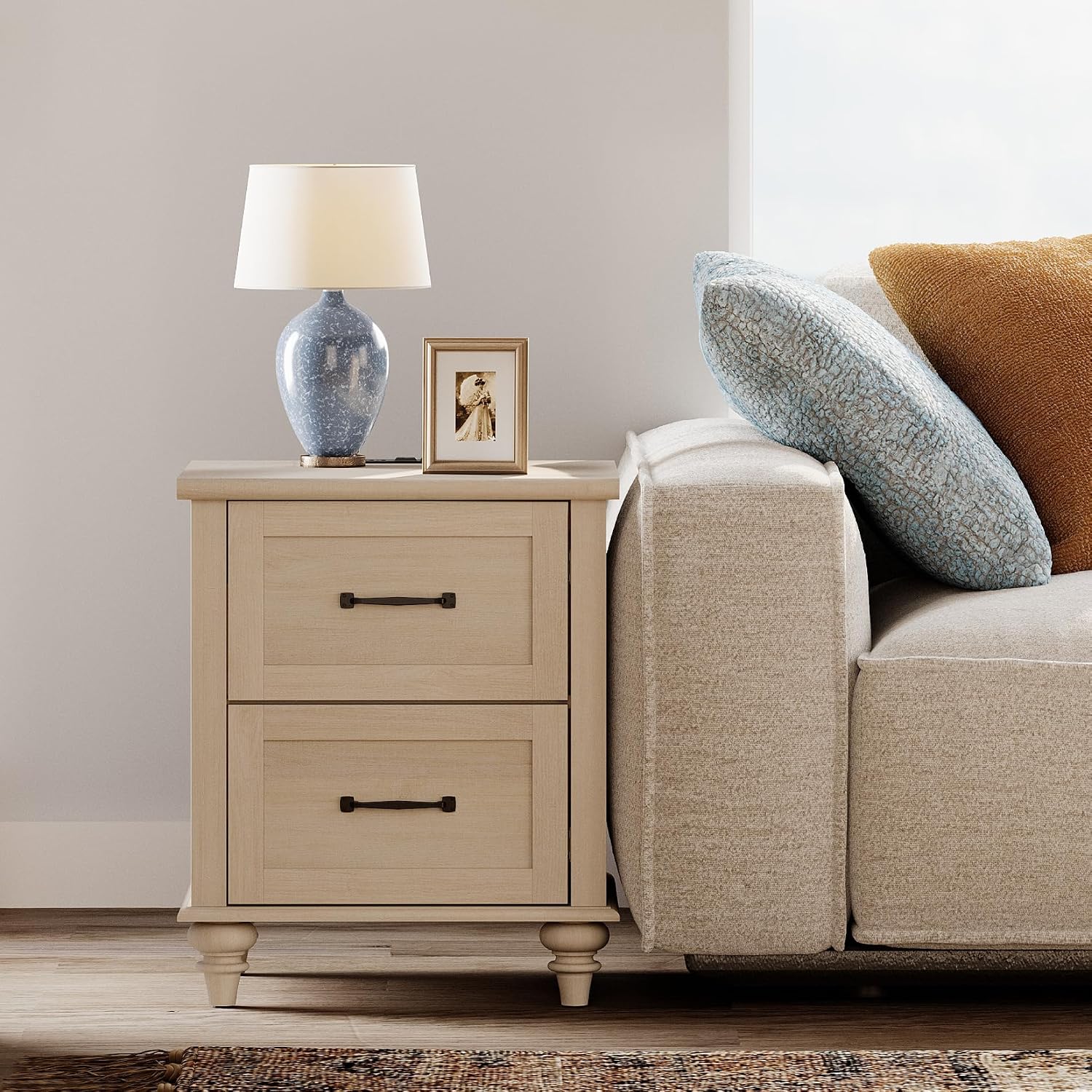 WAMPAT Beige Side Table Nightstand with Charging Station, Wooden End Table with 2 Drawers for Living Room, Mid Century Night Stand Modern Bedside Table for Bedroom, Kids Room