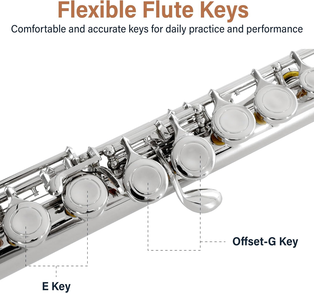 Mendini By Cecilio Flute, 16 Keys Closed Hole C Flute Instrument For Beginners with Carrying Case, Cork Grease, Stand, Lesson Book, Cleaning Kit, Gloves (Silver)