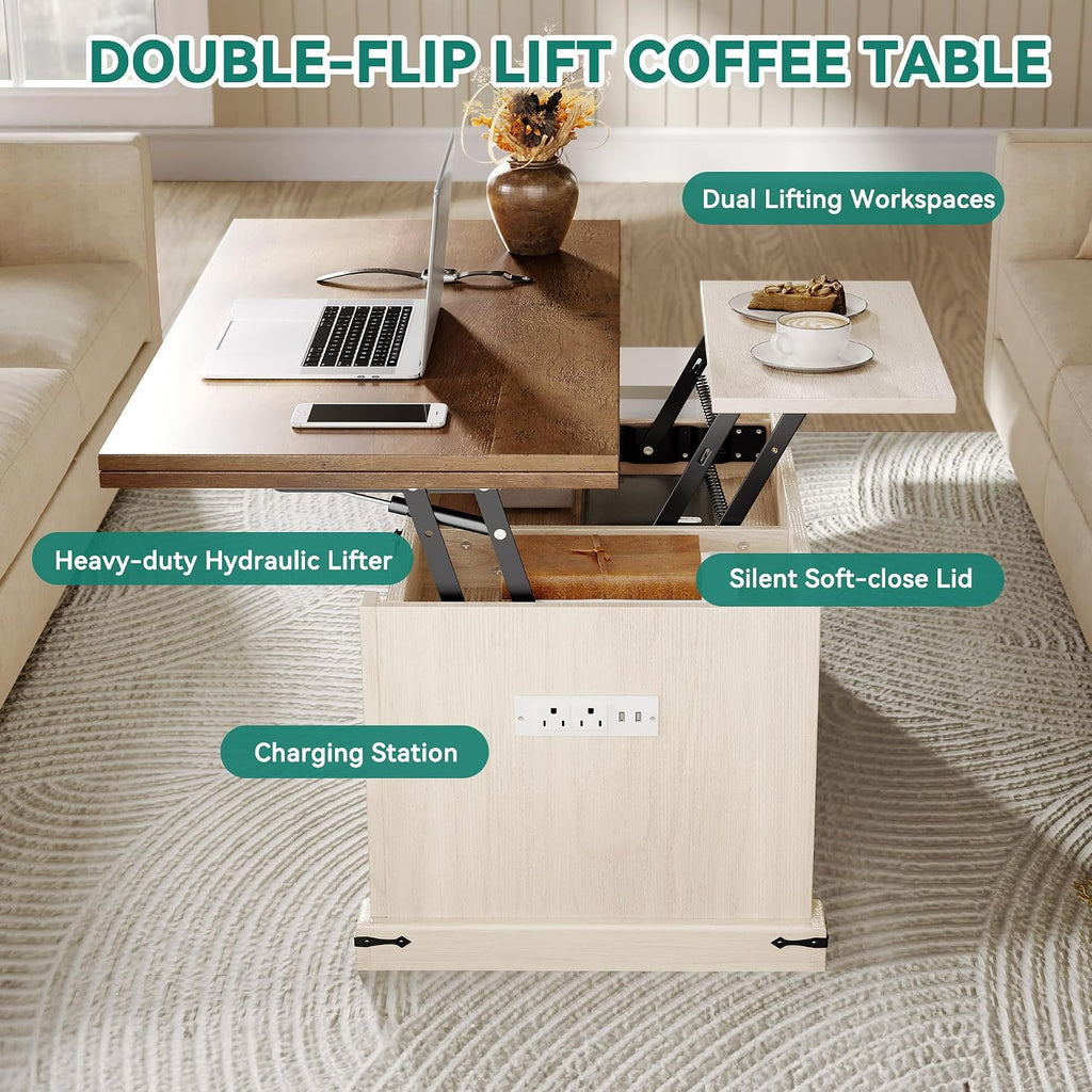 YITAHOME Lift Top Coffee Table with Storage, 4 in 1 Multi-Function Rectangle Center Table with Charging Station&USB Port, Living Room Table w/Large Hidden Space, for Bedroom, Home Office, Brown Top