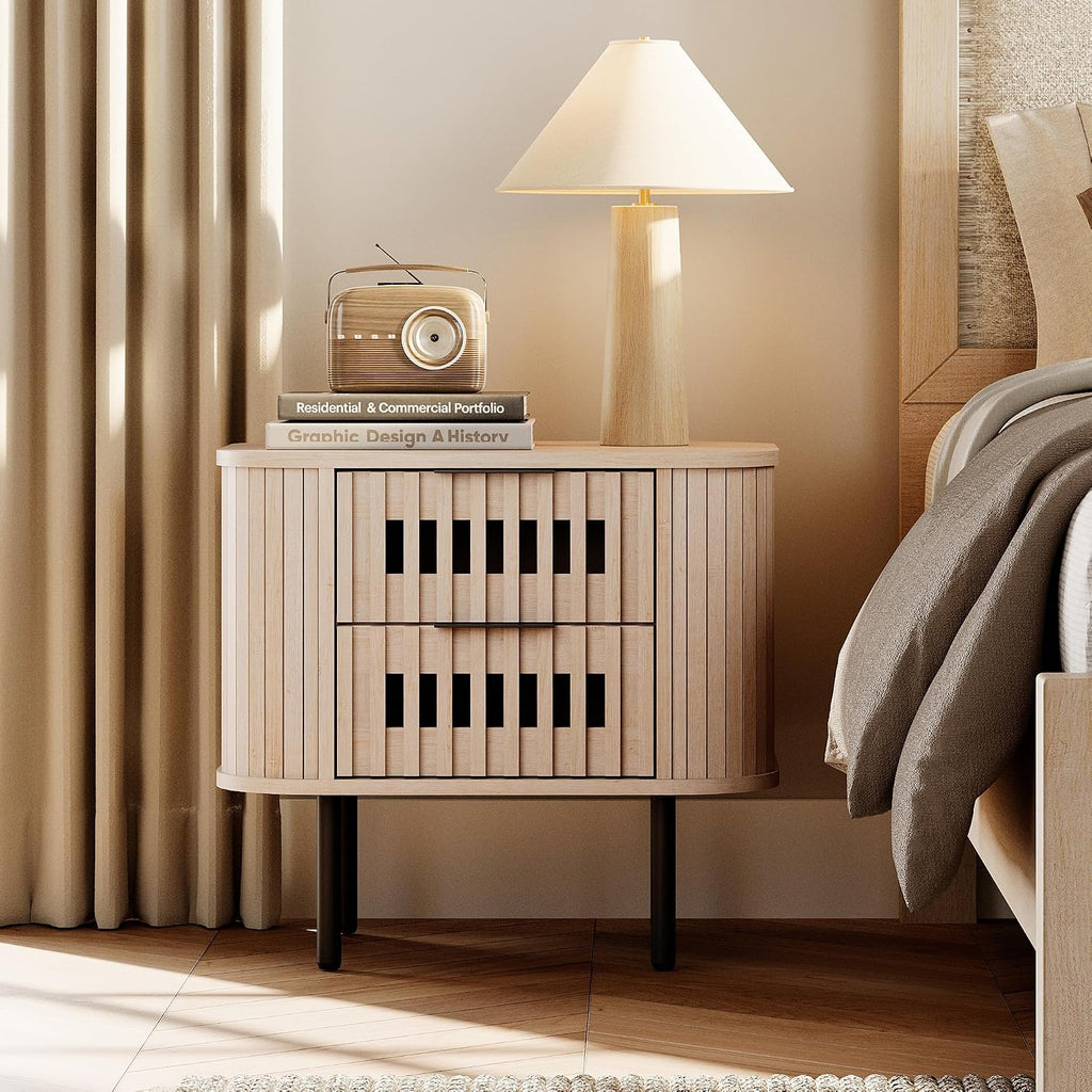 WAMPAT Fluted Nightstand, Modern Wooden End Table with 2 Drawer, Storage Bedside Table for Bedroom and Living Room, Natural, 1 Pack