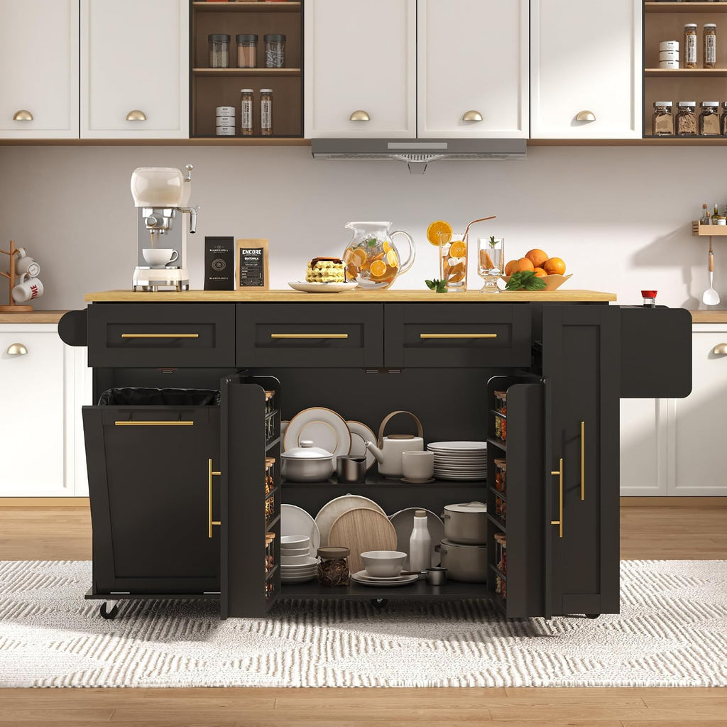 69' Large Kitchen Island on Wheels, Kitchen Rolling Island Cart with Trash Storage Cabinet, Power Outlet, 3-Tier Pull-out Storage Trays, Drop Leaf, Spice Rack, Mobile Island Table for Kitchen, Black