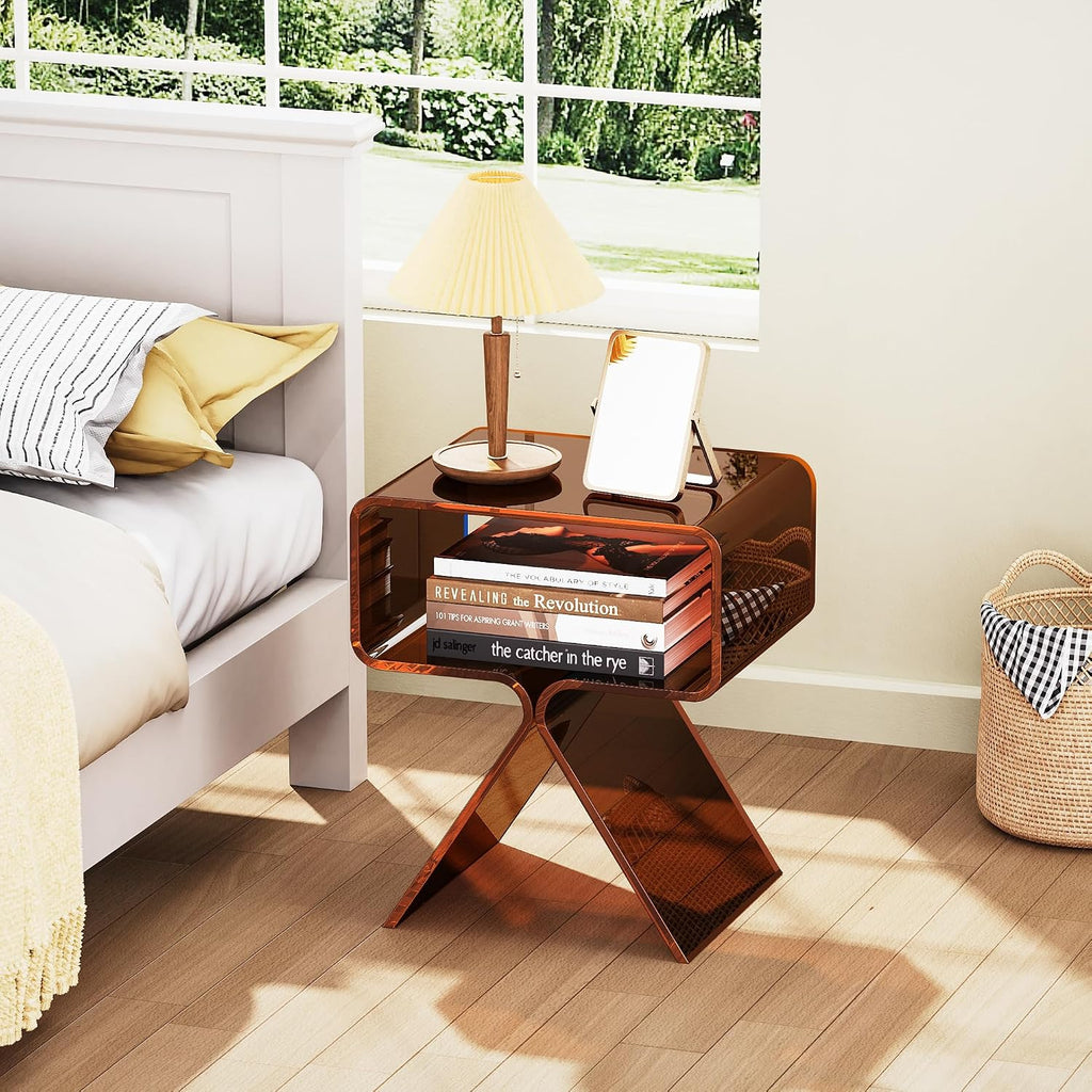 Acrylic Nightstand Side Table Modern Design Clear Home Decor Display End Table for Living Room (Dark Brown)