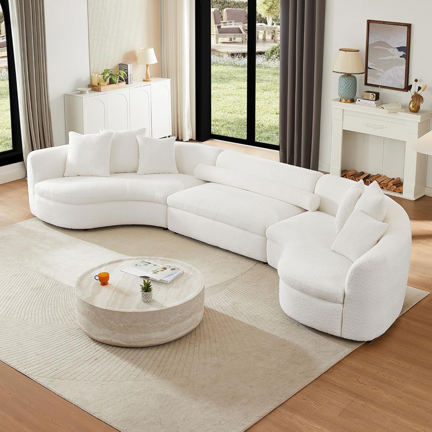 Round Coffee Table for Living Room Circle Coffee Table Faux Marble Pattern Coffee Table Modern Drum Center Table for Apartment, No Need Assembly (Travertine Fiberglass 39.37'')