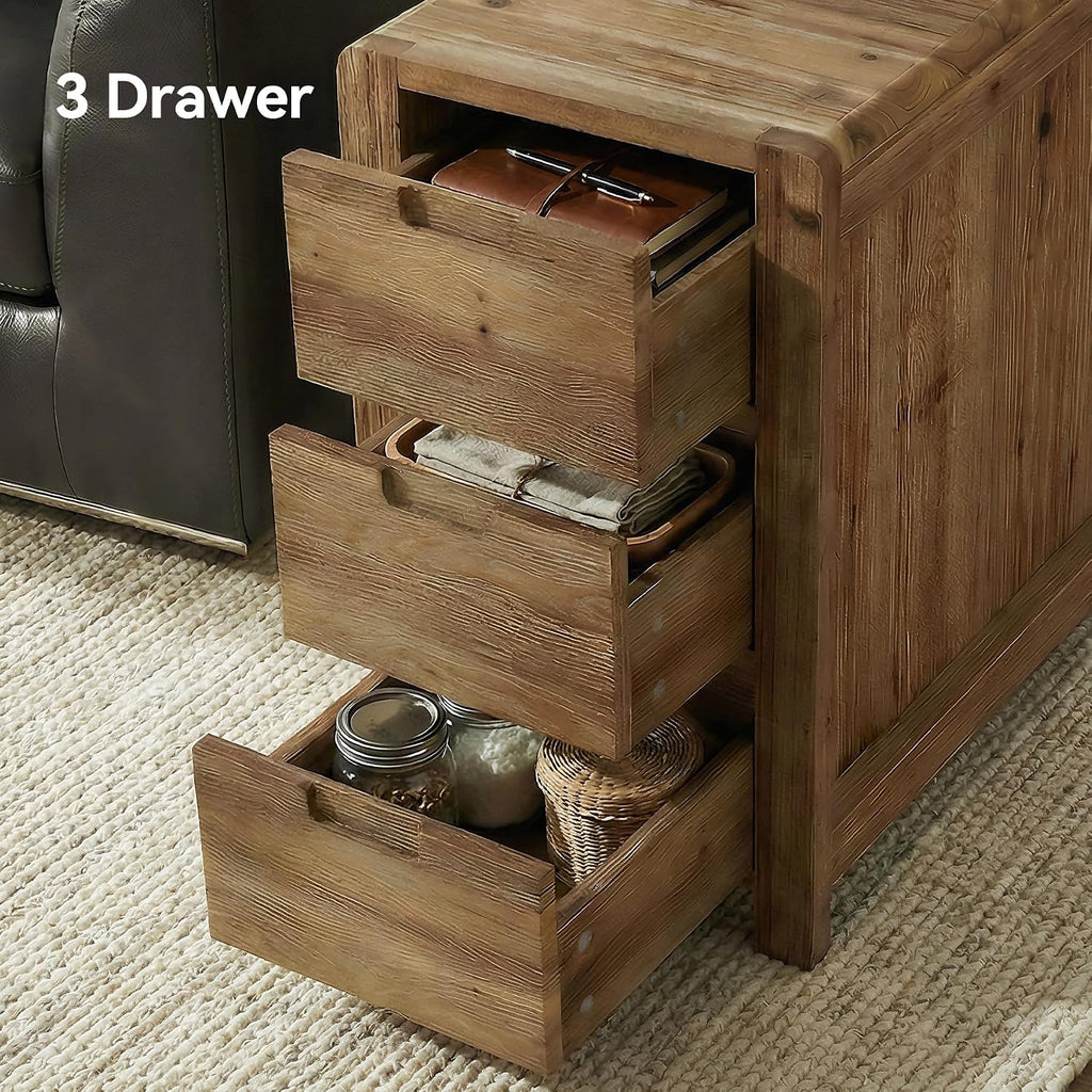 LITTLE TREE 3-Drawer Real Wood End Table, Narrow Side Table with Storage Drawers, Solid Wood Sofa Side Table for Living Room, Slim Nightstand Bedside Table for Bedroom, Natural Wood Color