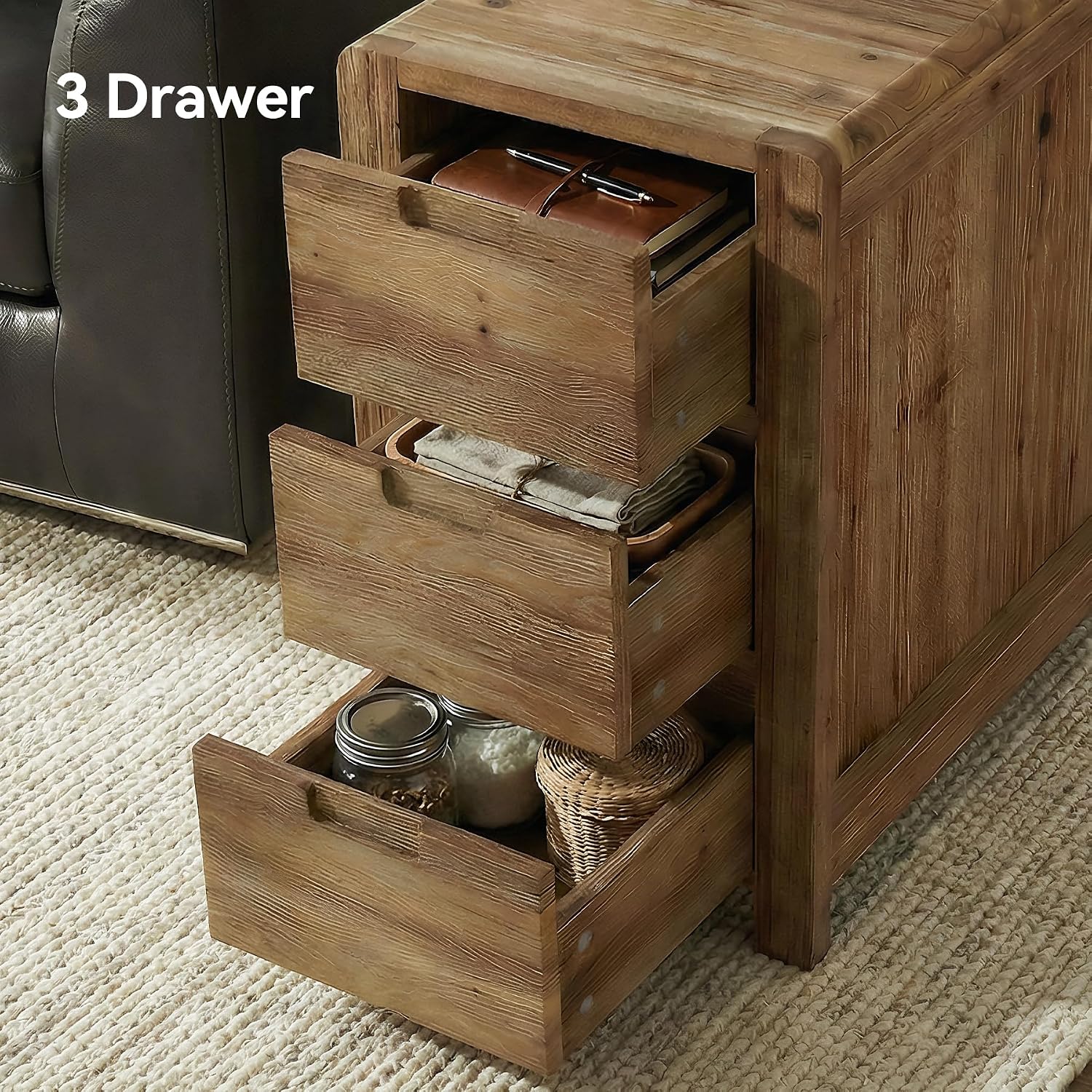 LITTLE TREE 3-Drawer Real Wood End Table, Narrow Side Table with Storage Drawers, Solid Wood Sofa Side Table for Living Room, Slim Nightstand Bedside Table for Bedroom, Natural Wood Color