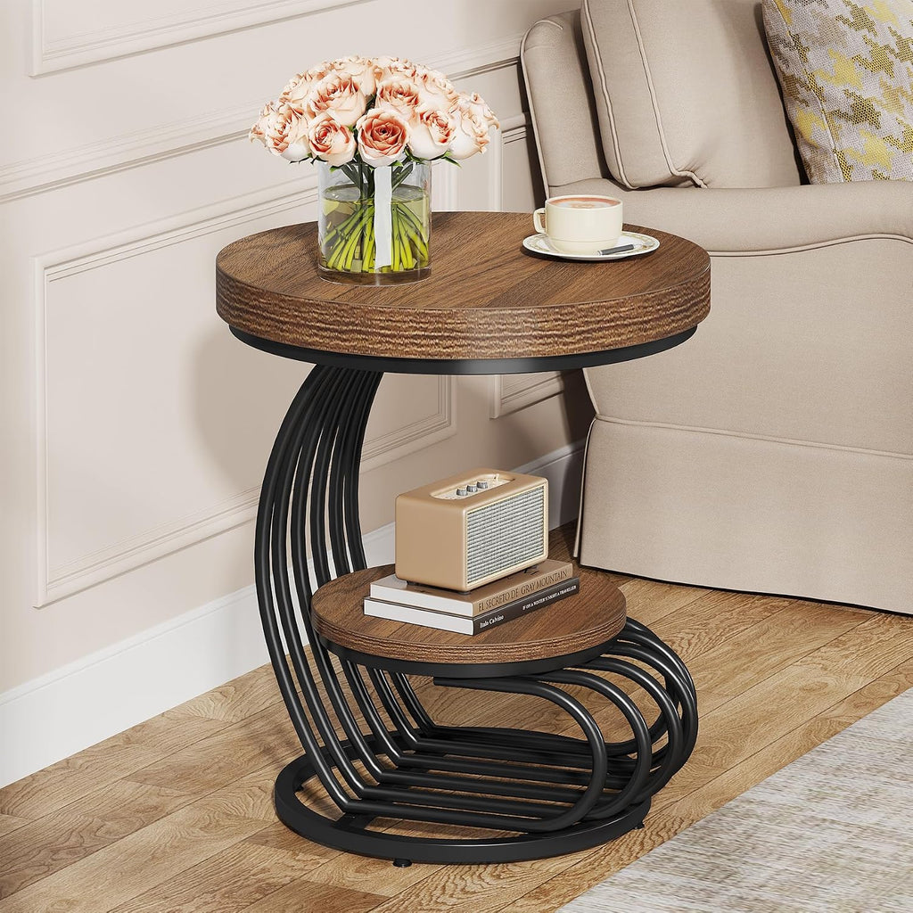 Tribesigns Round End Table, 2-Tier Farmhose Wood Side Table with Shelf Storage, Small Sofa Side Bedside Nightstand, Arc-Shaped Frame Accent Furniture for Living Room, Light Brown