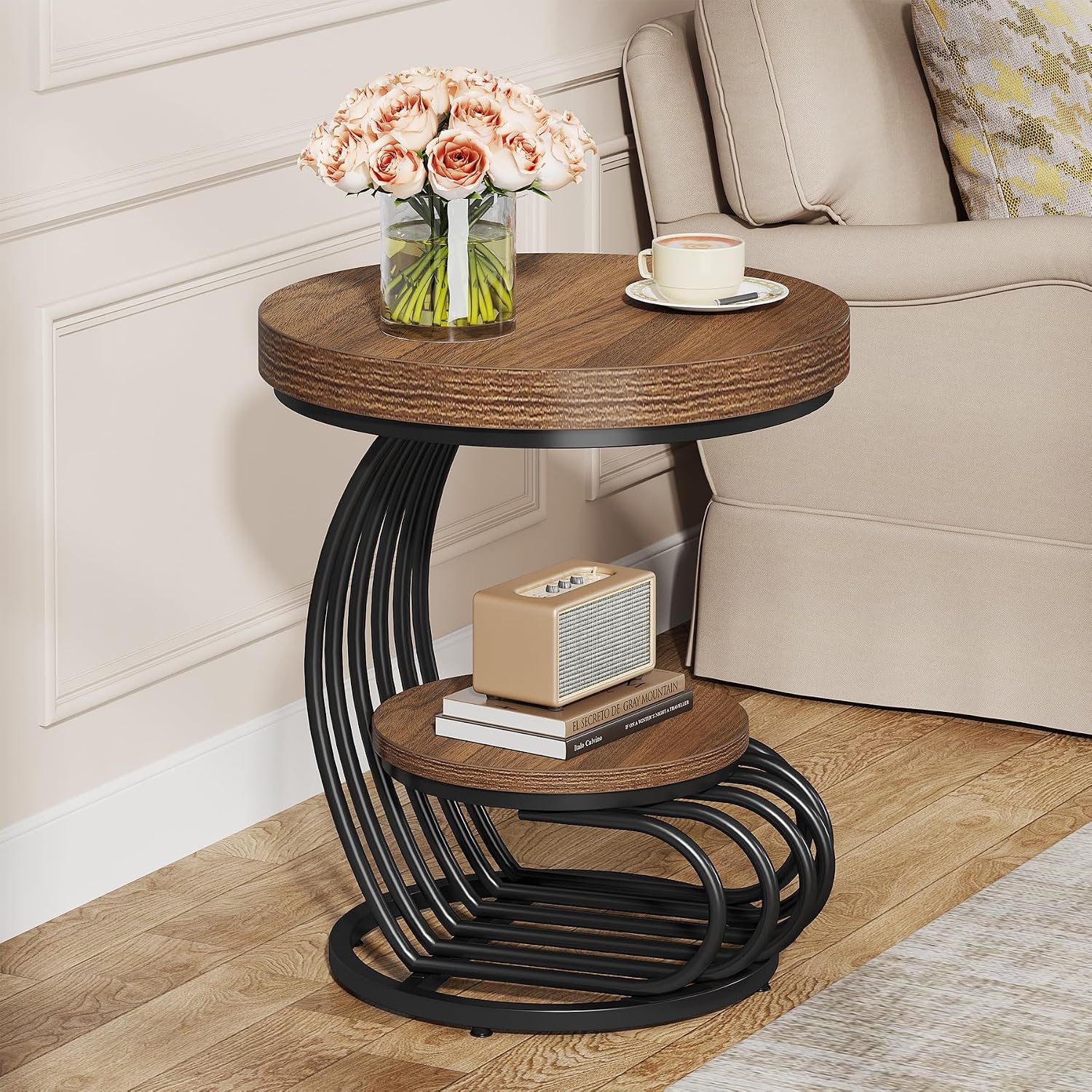 Tribesigns Round End Table, 2-Tier Farmhose Wood Side Table with Shelf Storage, Small Sofa Side Bedside Nightstand, Arc-Shaped Frame Accent Furniture for Living Room, Light Brown