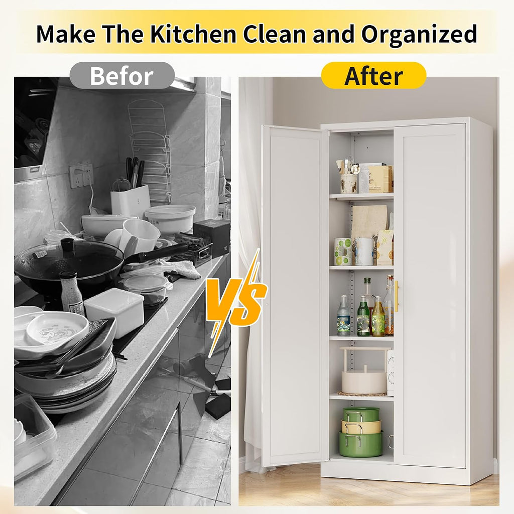 Metal Pantry Cabinet, 71'H x 28'W x 14'D Pantry Cabinets with 2 Doors and 4 Adjustable Shelves, Kitchen Pantry Storage Cabinets, Metal Storage Cabinet for Kitchen, Dining Room, Living Room-White
