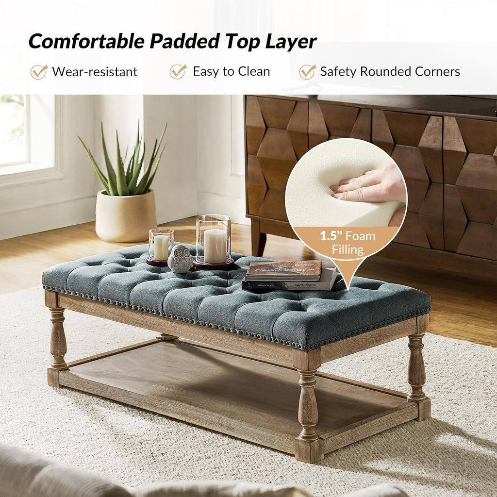 HULALA HOME Rectangle Ottoman Coffee Table with Tray, Tufted Living Room Ottoman with Solid Wood Storage Shelf, Blue