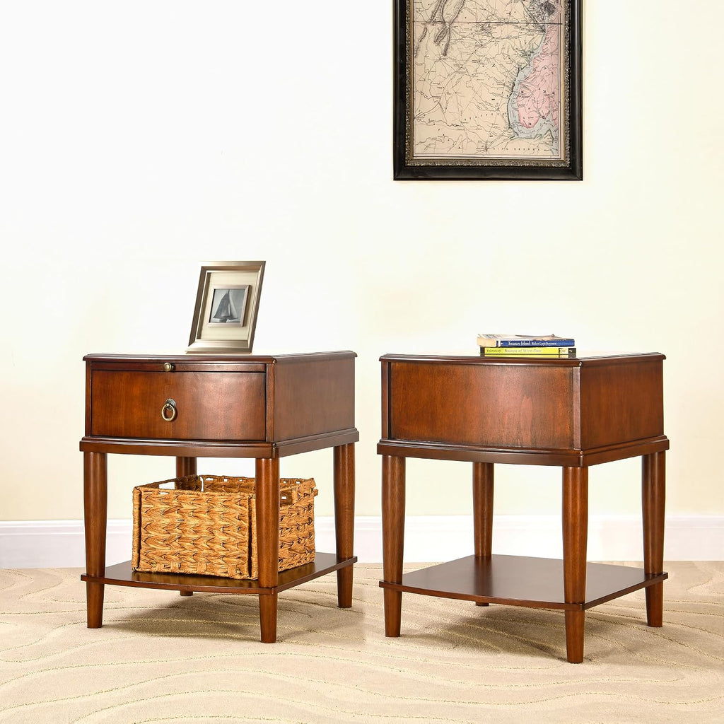 Set of 2Wood Side End Table with Tray Extension and Storage Drawers,Sofa Side Table with Round Legs,No-Tools Assembly,Telephone Table for Living Room,17.7'L x 19.7'W x 22.8'H Beeswax CJZ-A1569-MG