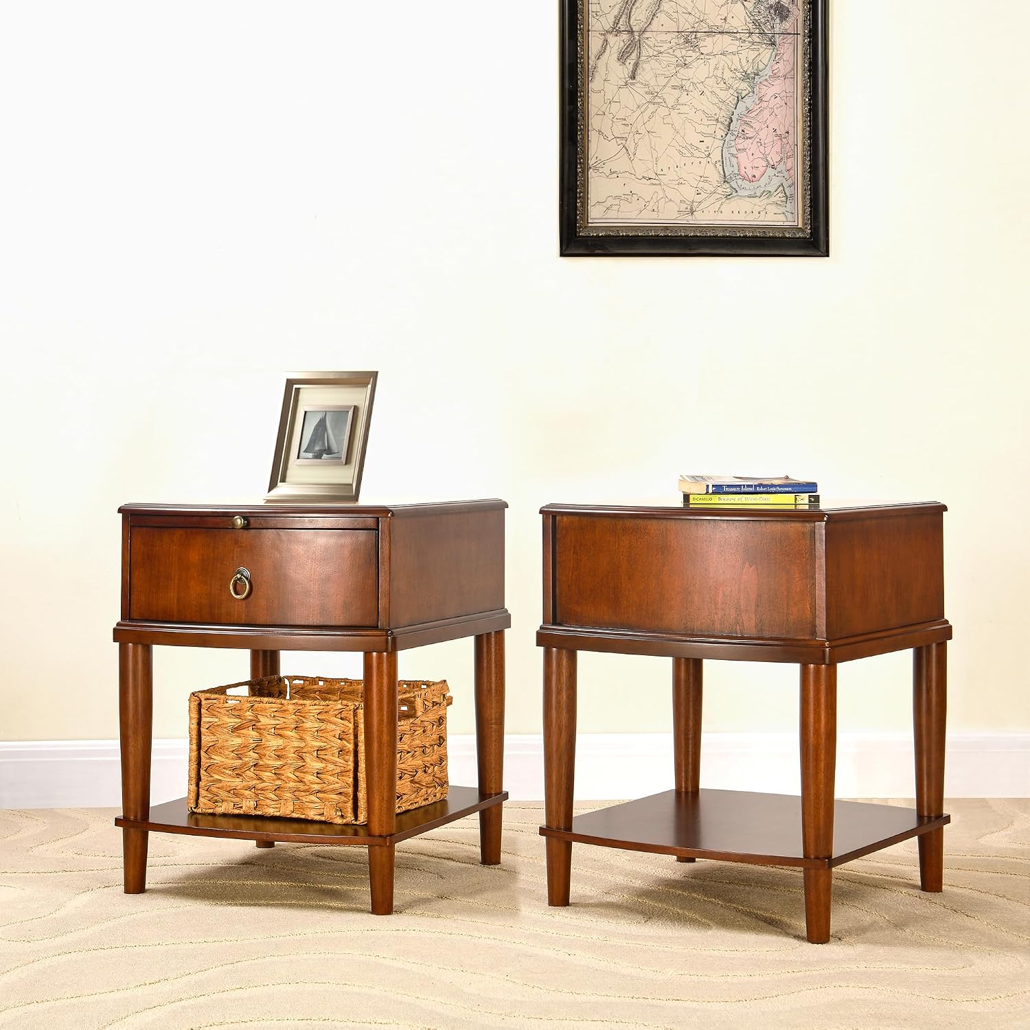 Set of 2Wood Side End Table with Tray Extension and Storage Drawers,Sofa Side Table with Round Legs,No-Tools Assembly,Telephone Table for Living Room,17.7'L x 19.7'W x 22.8'H Beeswax CJZ-A1569-MG