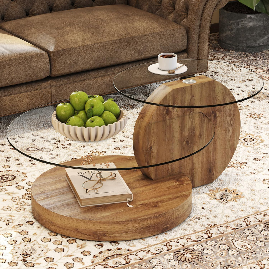 42 Inches Glass Coffee Table, Modern Round Tempered Glass Coffee Tables for Living Room, 3-Tier Circle Wood Coffee Table with Storage Clear Cocktail Table for Small Space Home Office (Wood)