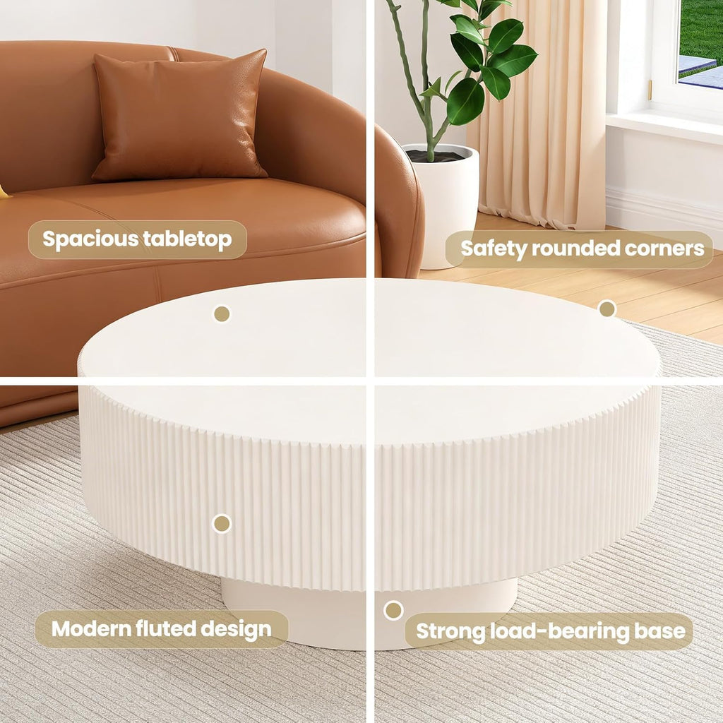 Modern Fluted Round Coffee Table - Handcraft Wooden Drum Coffee Tables with Sturdy Base, Circle Coffee Table Center Tea Table for Living Room Office Apartment Small Space, Easy Assembly(White 30.9')