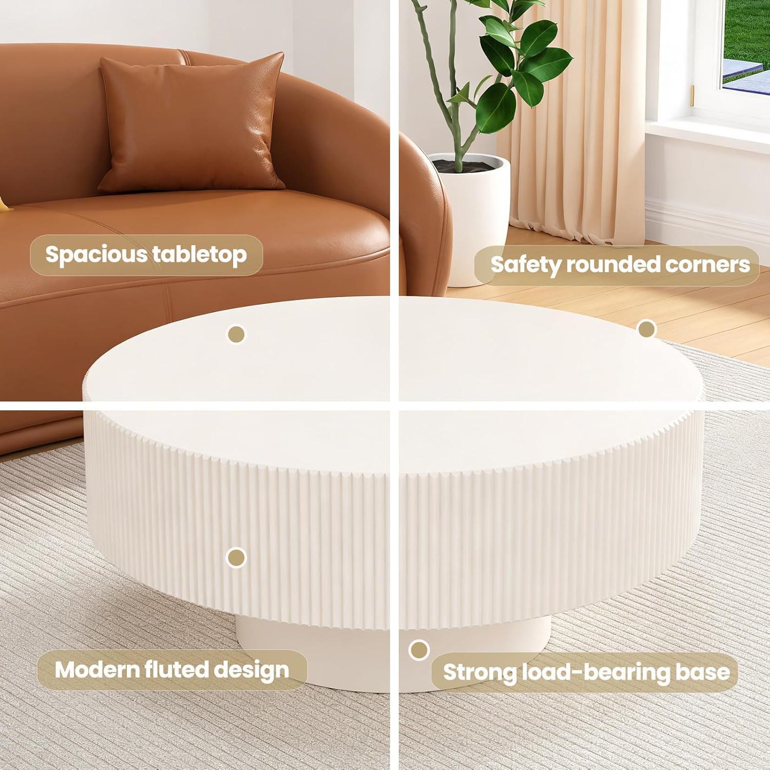 Modern Fluted Round Coffee Table - Handcraft Wooden Drum Coffee Tables with Sturdy Base, Circle Coffee Table Center Tea Table for Living Room Office Apartment Small Space, Easy Assembly(White 30.9')
