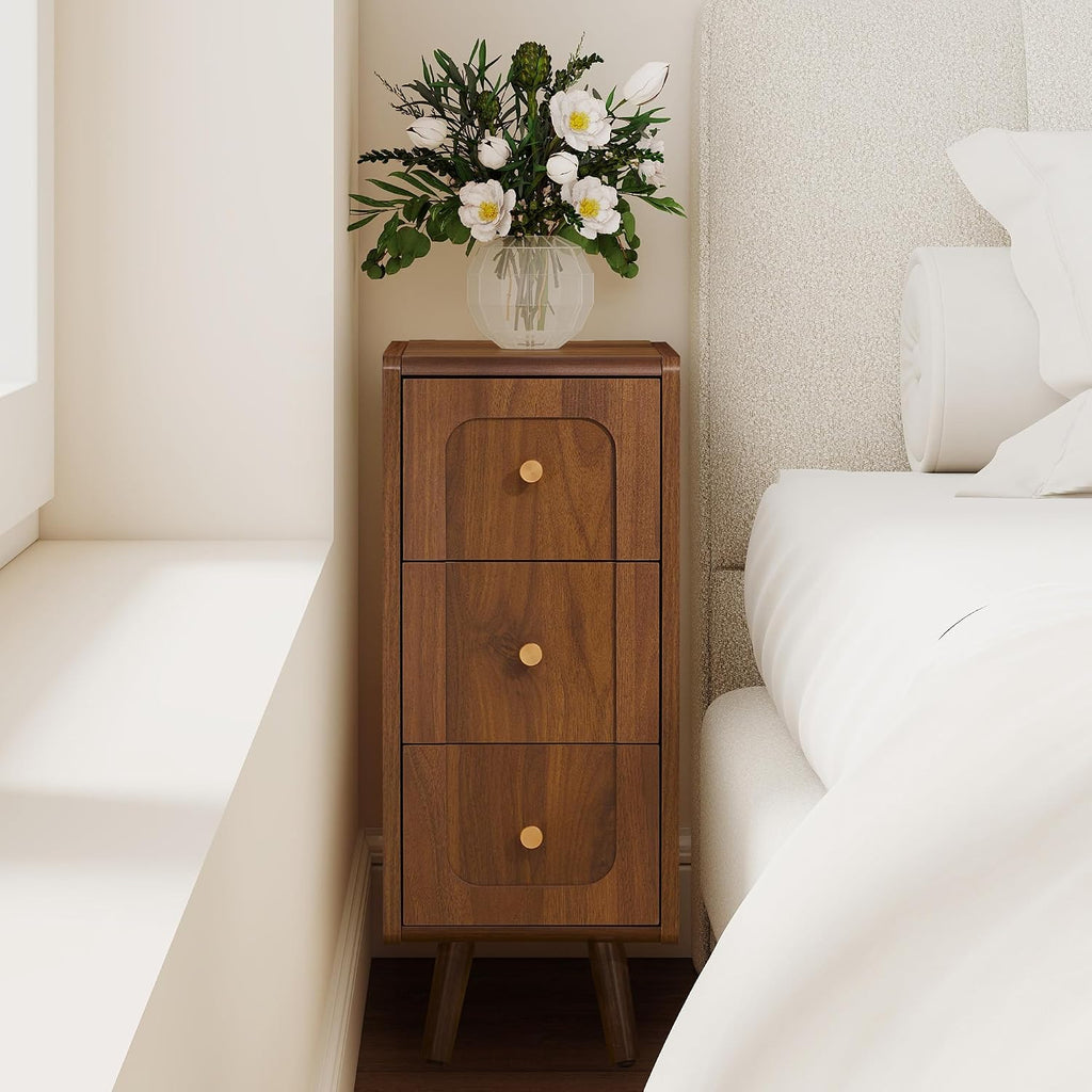 Small Nightstand Set of 2, Narrow Nightstand Slim Couch Side Table with Drawers, Wood End Tables with Storage for Living Room, Bedroom, Small Spaces (Walnut-2pcs)