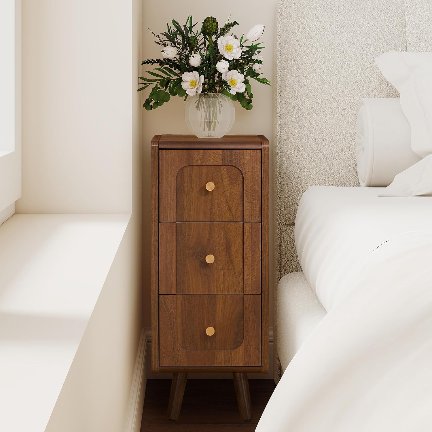 Small Nightstand Set of 2, Narrow Nightstand Slim Couch Side Table with Drawers, Wood End Tables with Storage for Living Room, Bedroom, Small Spaces (Walnut-2pcs)
