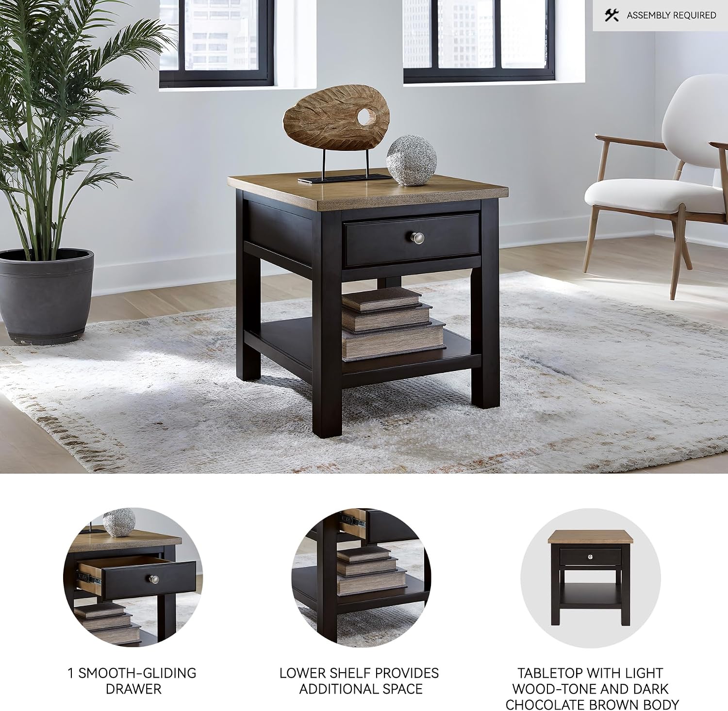 Signature Design by Ashley Drazmine Casual End Table with 1 Lower Shelf, Light Brown & Black