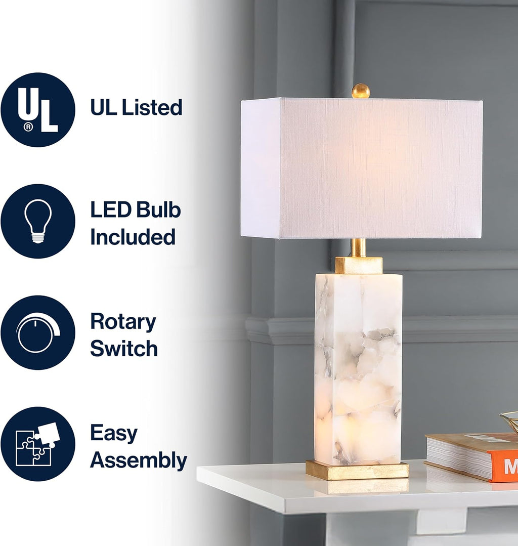 JONATHAN Y 27.5' White/Gold Modern Alabaster Rectangular Table Lamp with Night Light Contemporary Coastal Bedside Lamp for Bedroom with White Linen Shade LED Bulbs Included JYL6201A