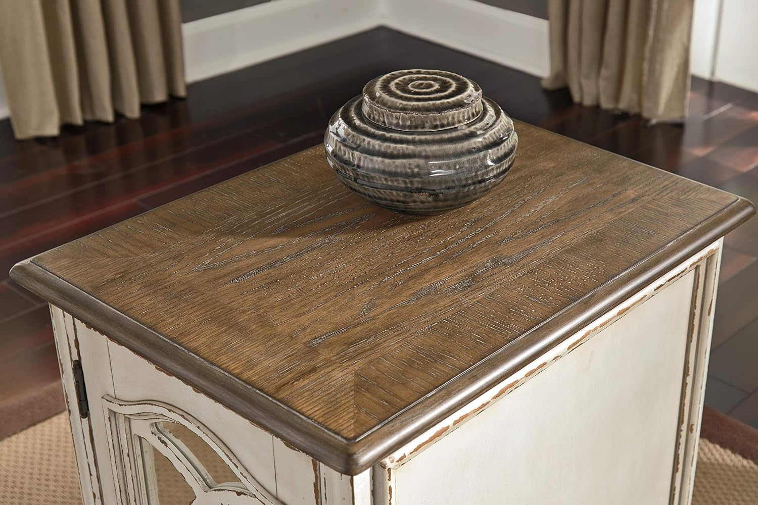 Signature Design by Ashley Realyn Farmhouse Chair Side End Table with Cabinet For Storage, Antique White & Brown