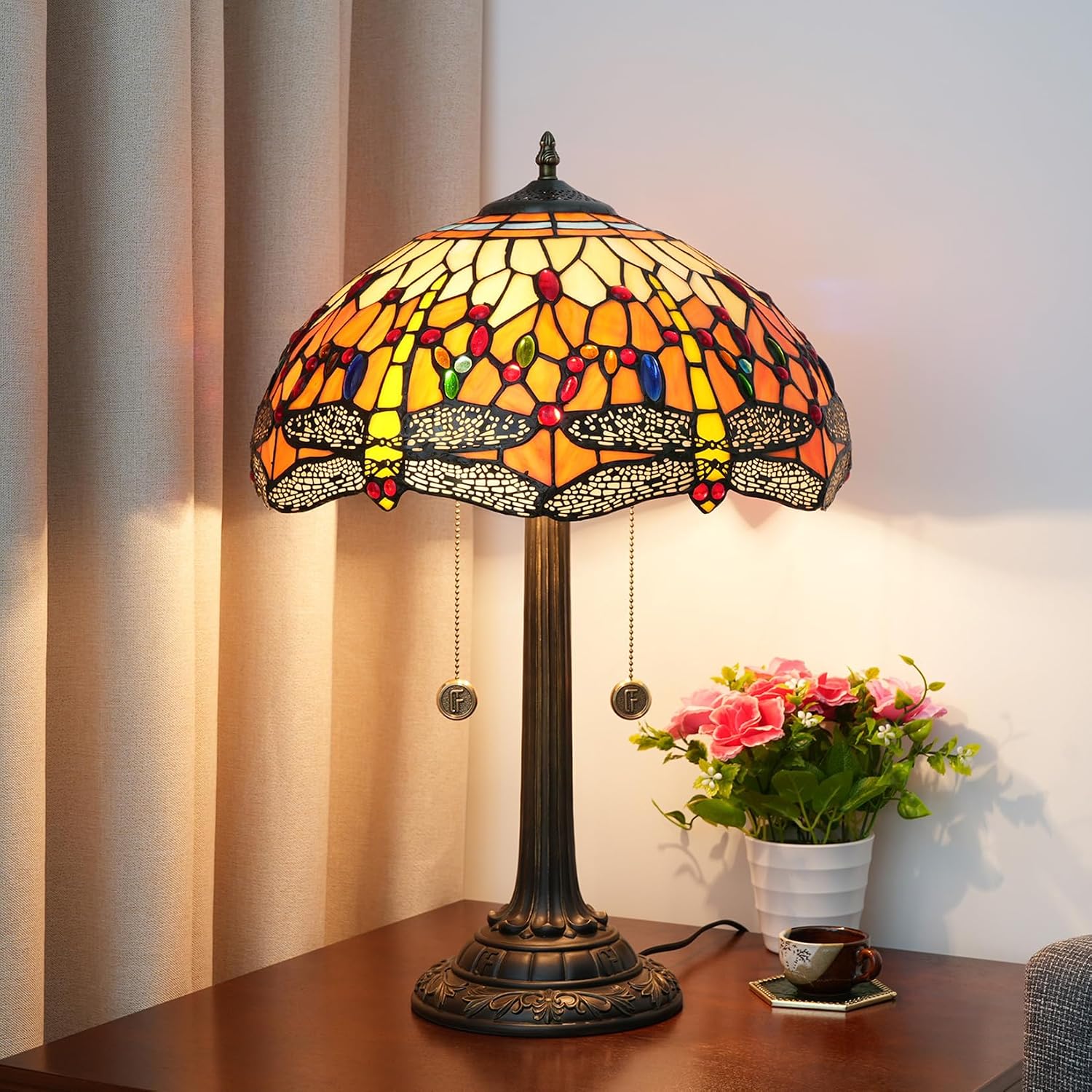 W16H9 Inch Tiffany Lamp Shade Replacement, Stained glass Dragonfly style Lampshades, Only Handmade Retro lampshade Replacement for Table Lamp Pendant Light Floor Lamp Ceiling Fixture,Orange