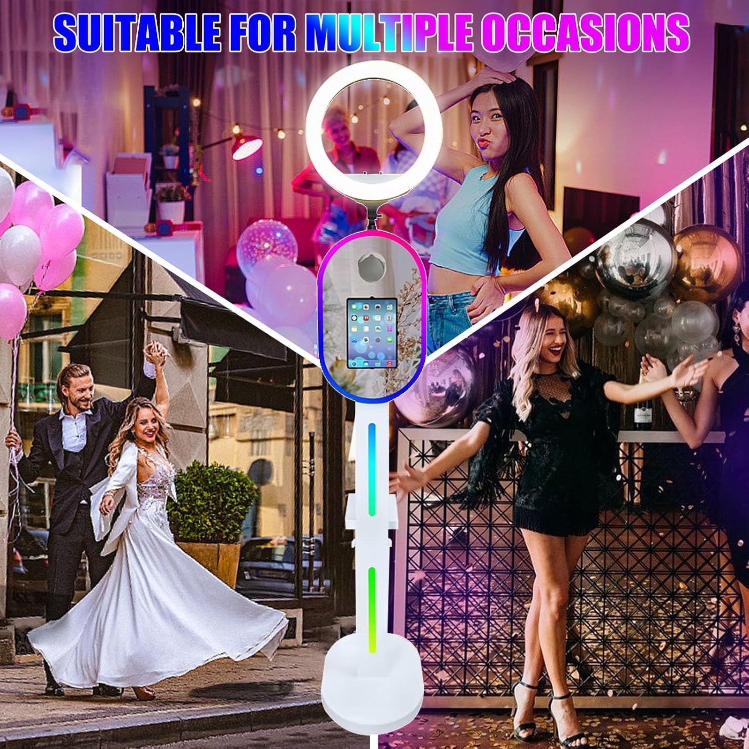 Photo Booth for iPad 10.2' 10.5' 10.9' 11' 12.9' 13' for Camera Dualuse Photobooth Machine Selfie Station Stand APP Control RGB Light Music Sync Light Box with Flight Case for Rental Wedding